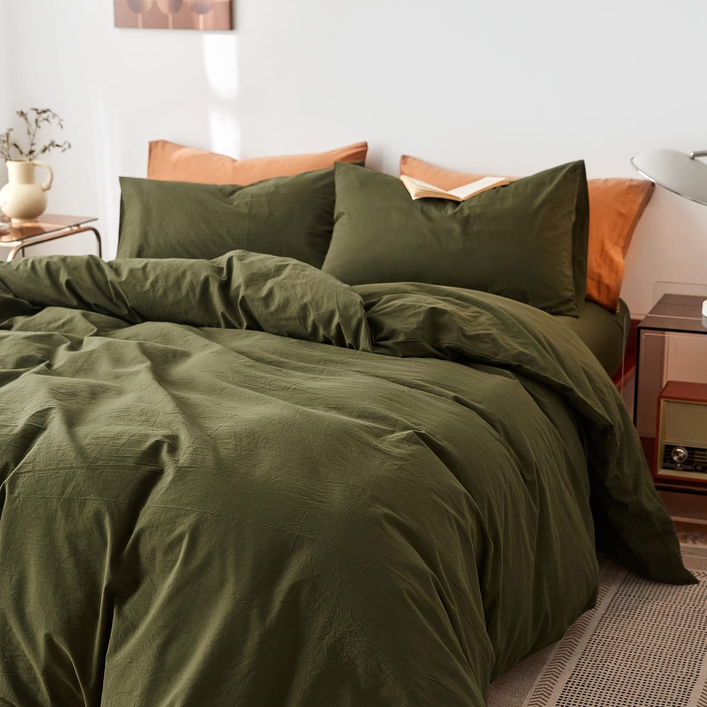 FANSTIVE Duvet Cover Set King Size, 100% Washed Cotton, Linen Like Super Soft and Breathable, 3 Pieces Olive Green Bedding Duvet Covers, Farmhouse Comforter Cover with Zipper Closure(No Comforter)