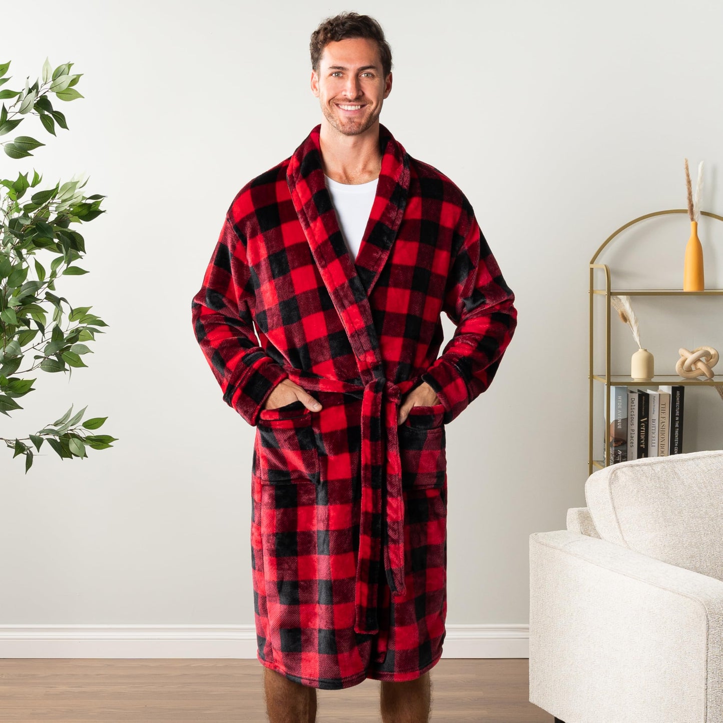 PAVILIA Mens Soft Robe | Warm Fleece Robes for Men, Soft Spa Bathrobe with Shawl Collar and Pockets, Plaid Red, Large-X-Large