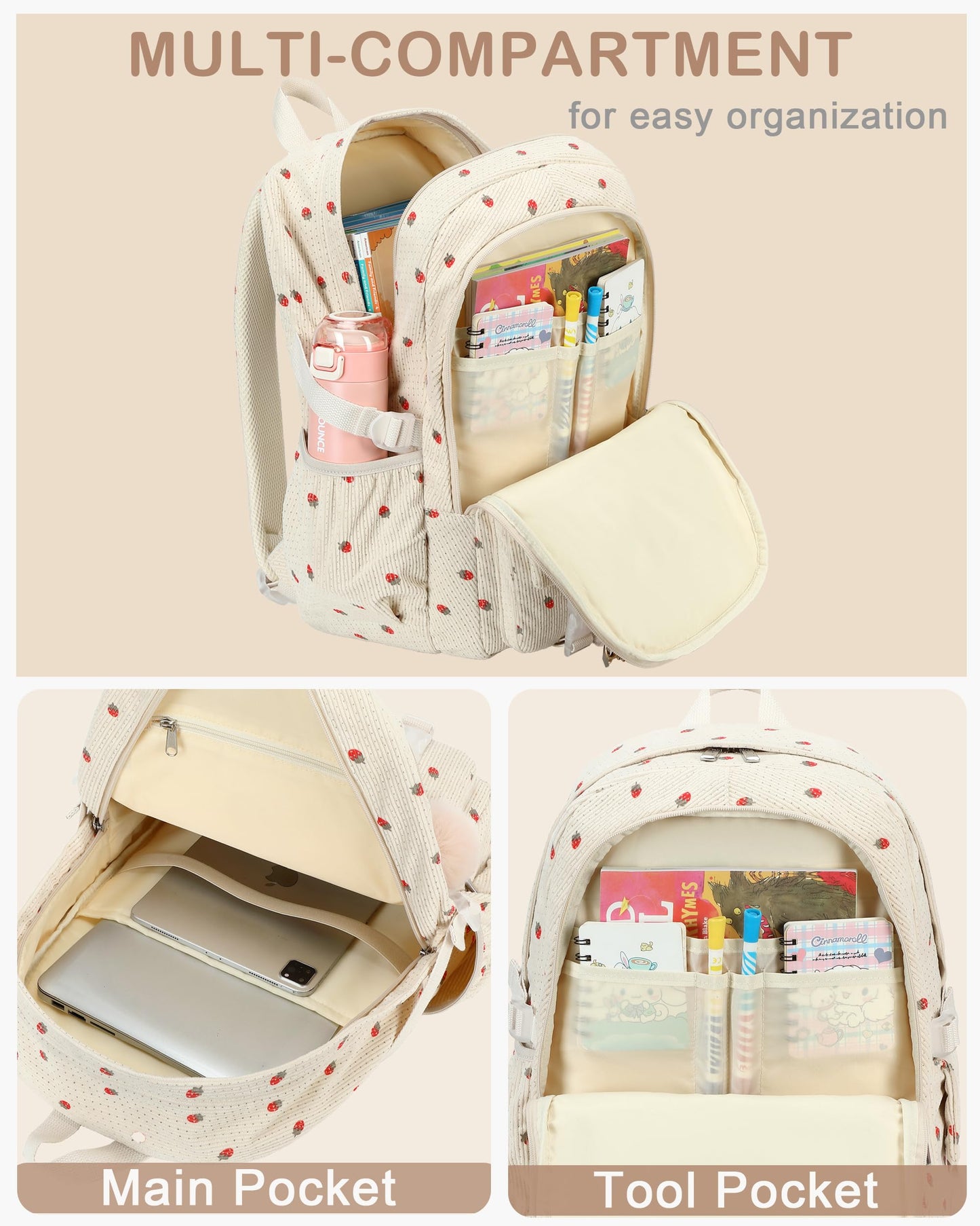 School Laptop Backpack for Teens Girls Women College Backpacks Corduroy Bag Students Bookbag Anti Theft Travel Daypack (Beige Strawberry)