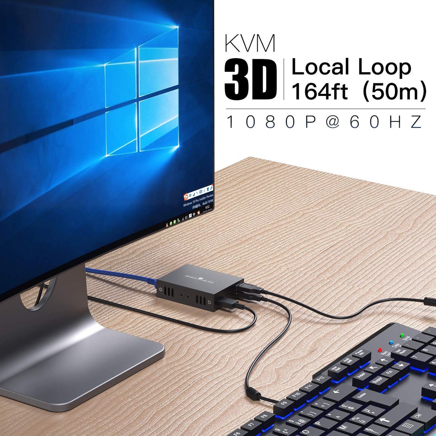 PWAY HDMI KVM Extender 1080P @ 60Hz Over Single Cat5E/6/7 Ethernet Cable Up to 50m/165ft with Loop Out & POC Function - USB Keyboard Mouse Support