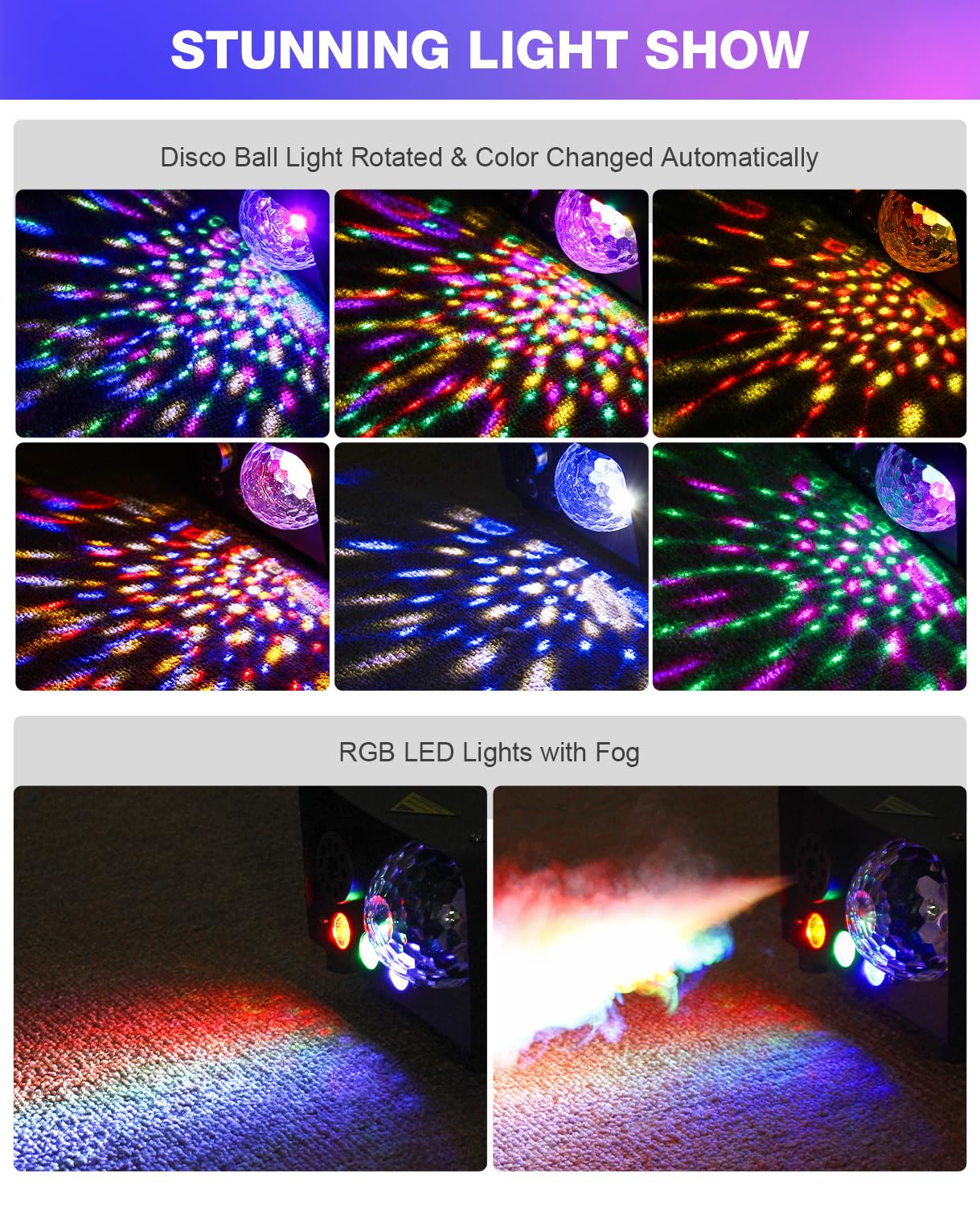 MOSFiATA Fog Machine with Disco Ball Lights 600W Smoke Machine with RGB LED Lights, 2300 CFM Spray, Remote Control, Perfect for Halloween, Christmas, Wedding, Party, Club, DJ Stage Effect
