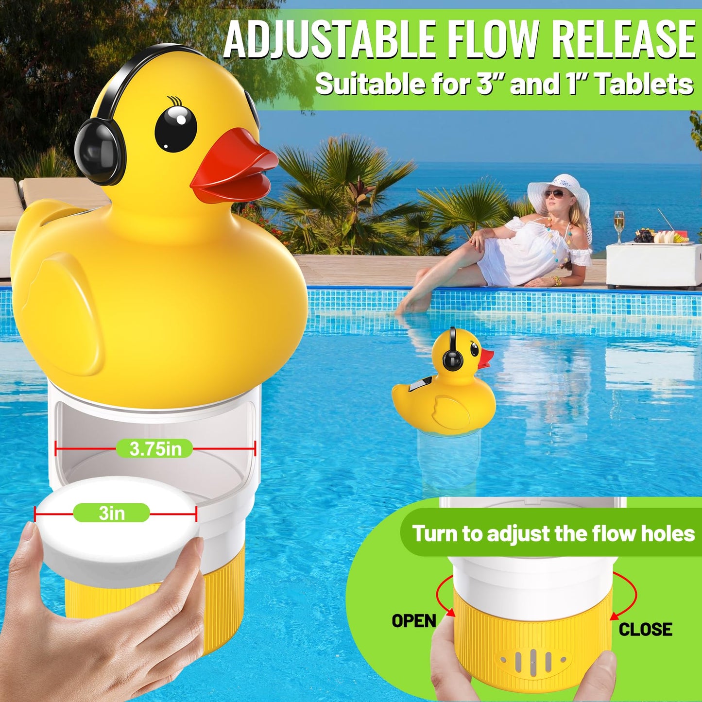 Pool Chlorine Floater with Light,Duck Chlorine Floaters with Adjustable Flow,Solar Chlorine Floater with Large Capacity,Collapsible Floating Chlorine Dispenser for Pool,Hot Tub Chlorine Floater