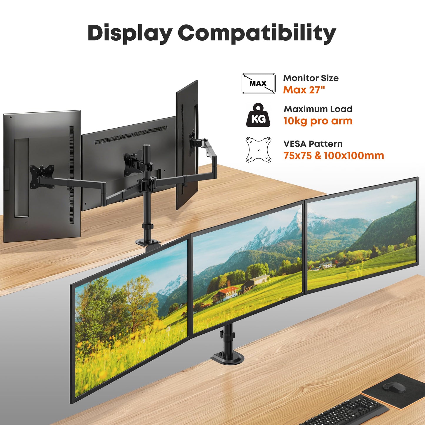 PUTORSEN Triple Monitor Mount for 13-27" Screens, 3-Screen Desk Mount with Full Motion & Height Adjust, Ergo Arm Holds 10kg (22lbs), VESA 75/100mm, Tilt/Swivel/Rotation, Clamp for Home/Office/Gaming
