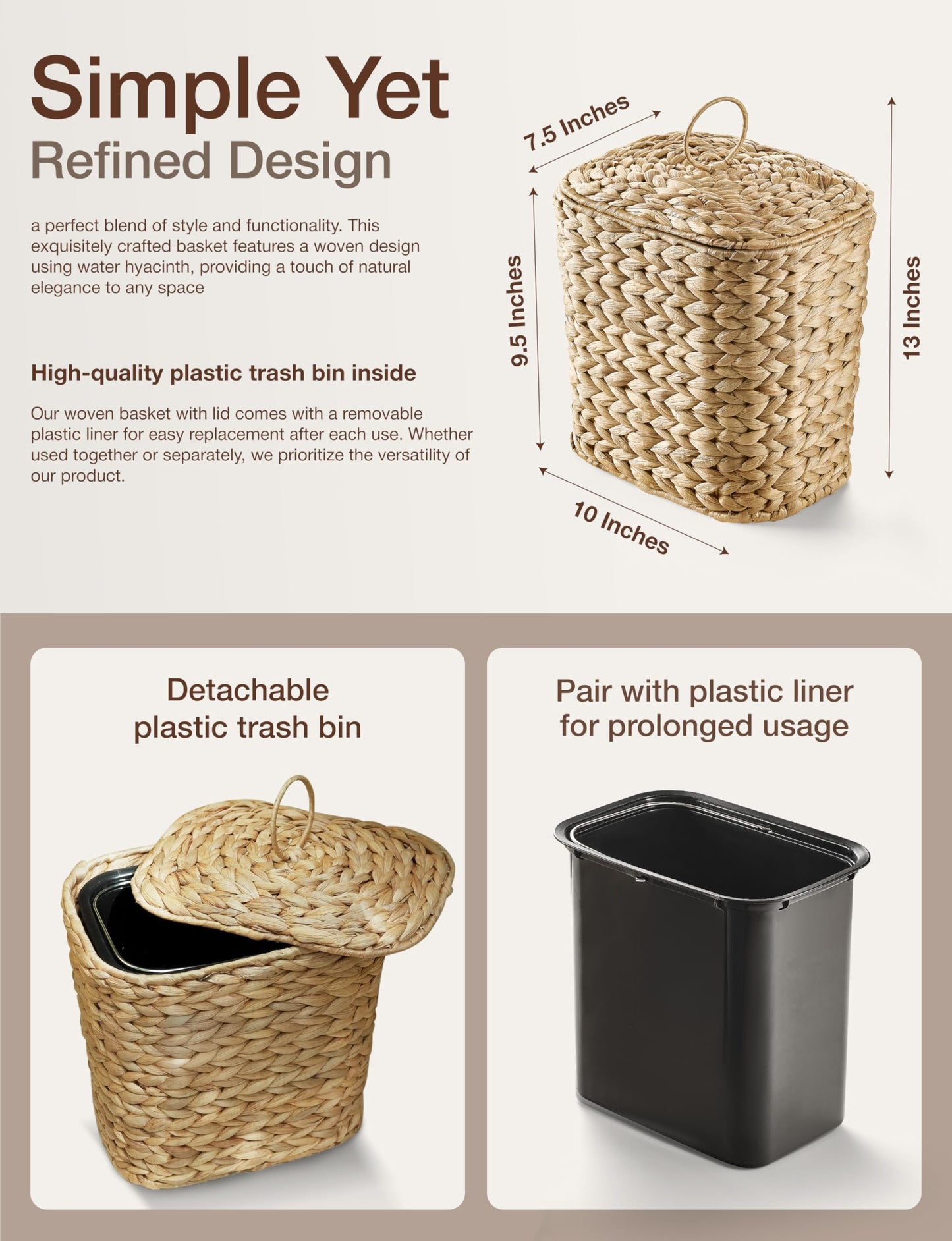 Tidita 5 Liters Wicker Waste Basket with Lid - Large Wicker Trash Can for Office - Waste Basket for Bedroom, Bathroom, Kitchen, Living Room - Boho Handwoven Trash Cans for Garbage
