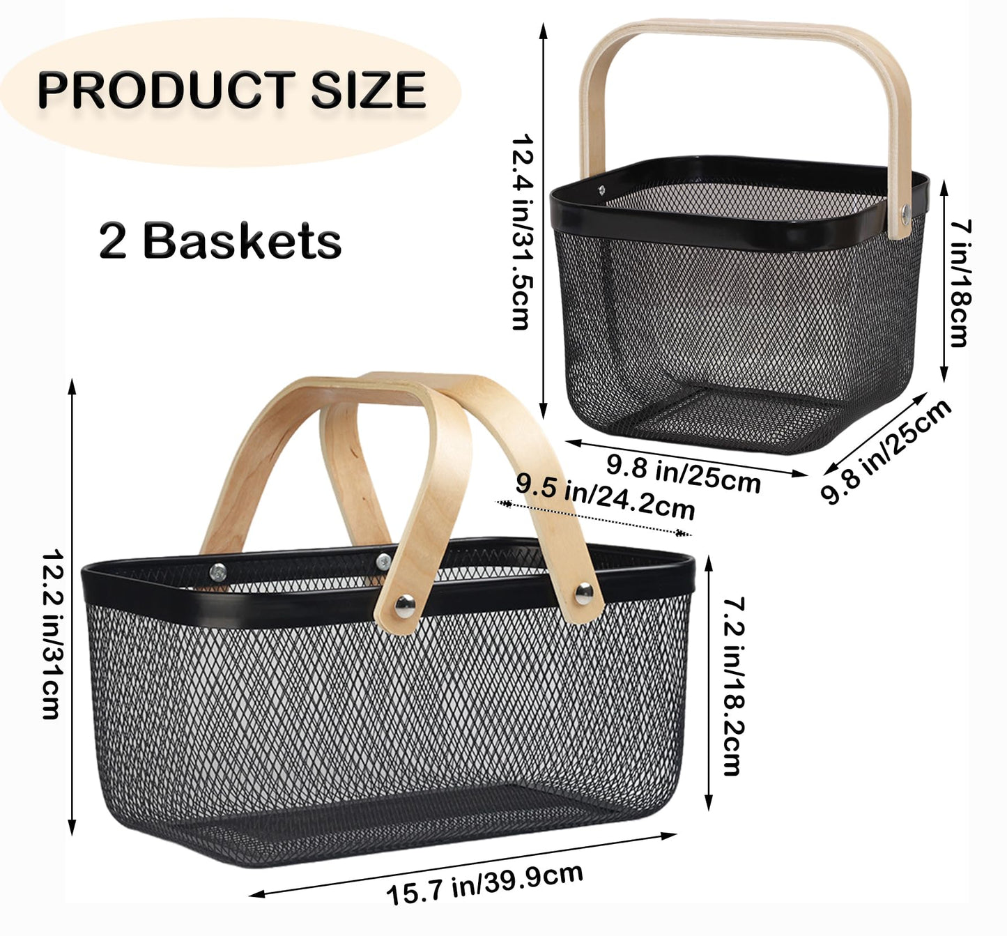 Cheardia 2 Pack Picnic Baskets, Metal Mesh Harvest Basket with Foldable Wooden Handle, Rectangle Garden Storage Basket Bin for Vegetable Fruit Garden Kitchen Cabinet Picking Gathering, Black