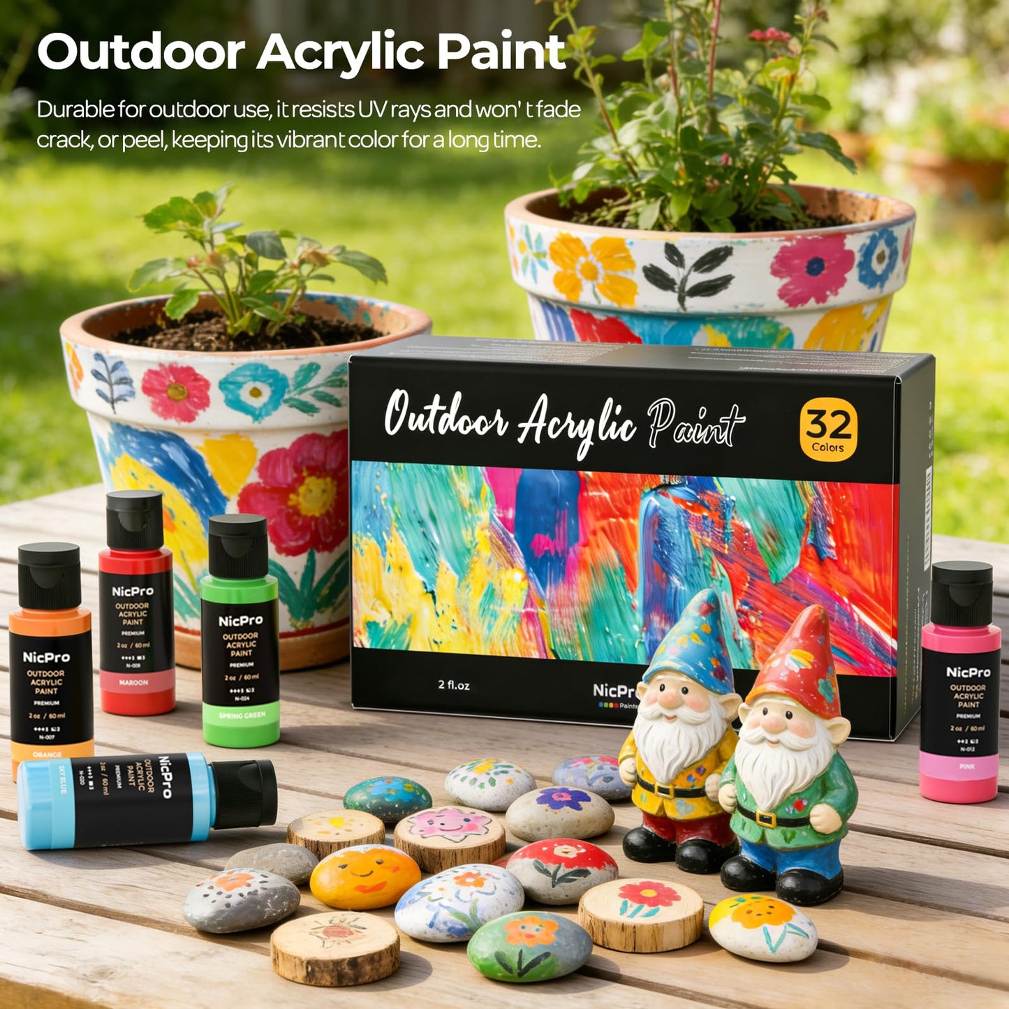 Nicpro 32 Colors Outdoor Acrylic Paint Bulk with Brush and Sponge, Knife, Non-Toxic Exterior Art Paint for Multi-surface Rock, Wood, Fabric, Leather, Ceramic, Canvas, Metal, Shoes and Wall Painting