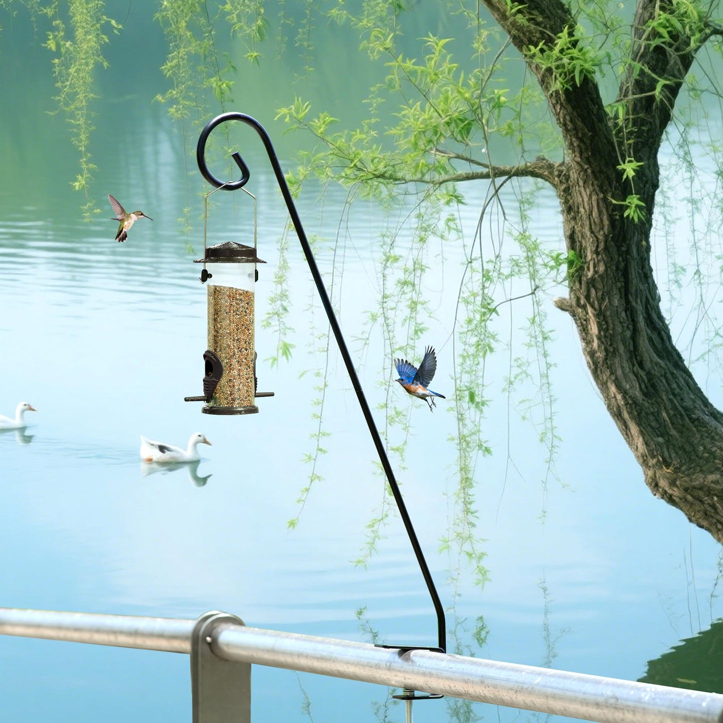 MIXXIDEA Heavy Duty Deck Rail Pole Deck Hook, Extensible and Adjustable Deck Hook for Hanging Bird Feeder, Plants, Suet Baskets,Wind Chimes,Lanterns (28in Long Curled Hook-2 Pack)