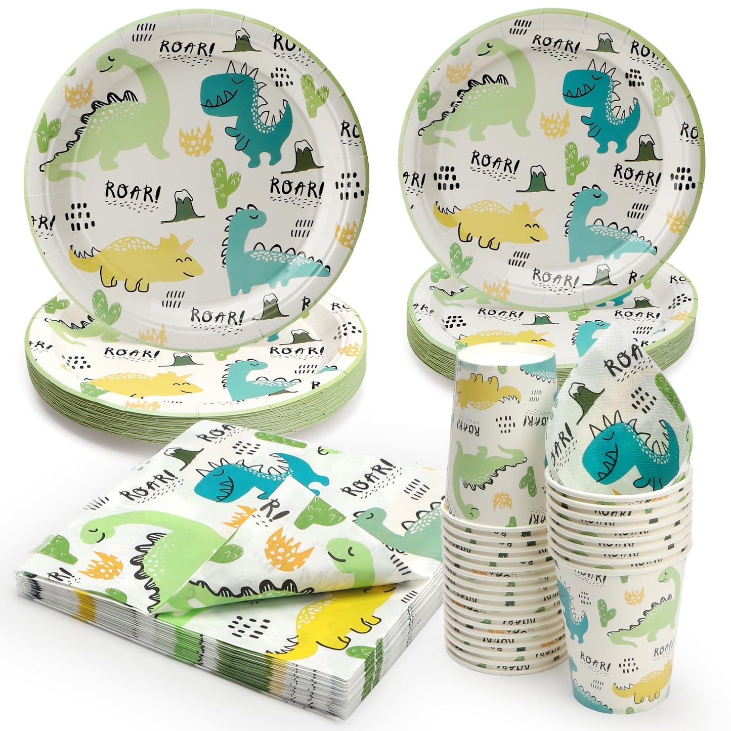 UVTQSSP 96 Pcs Party Plates and Cups and Napkins Sets, Dinosaur Theme Birthday Plates and Napkins Party Supplies, Disposable Tableware Sets, Serve for 24 Guests, Roar Dino, Cute