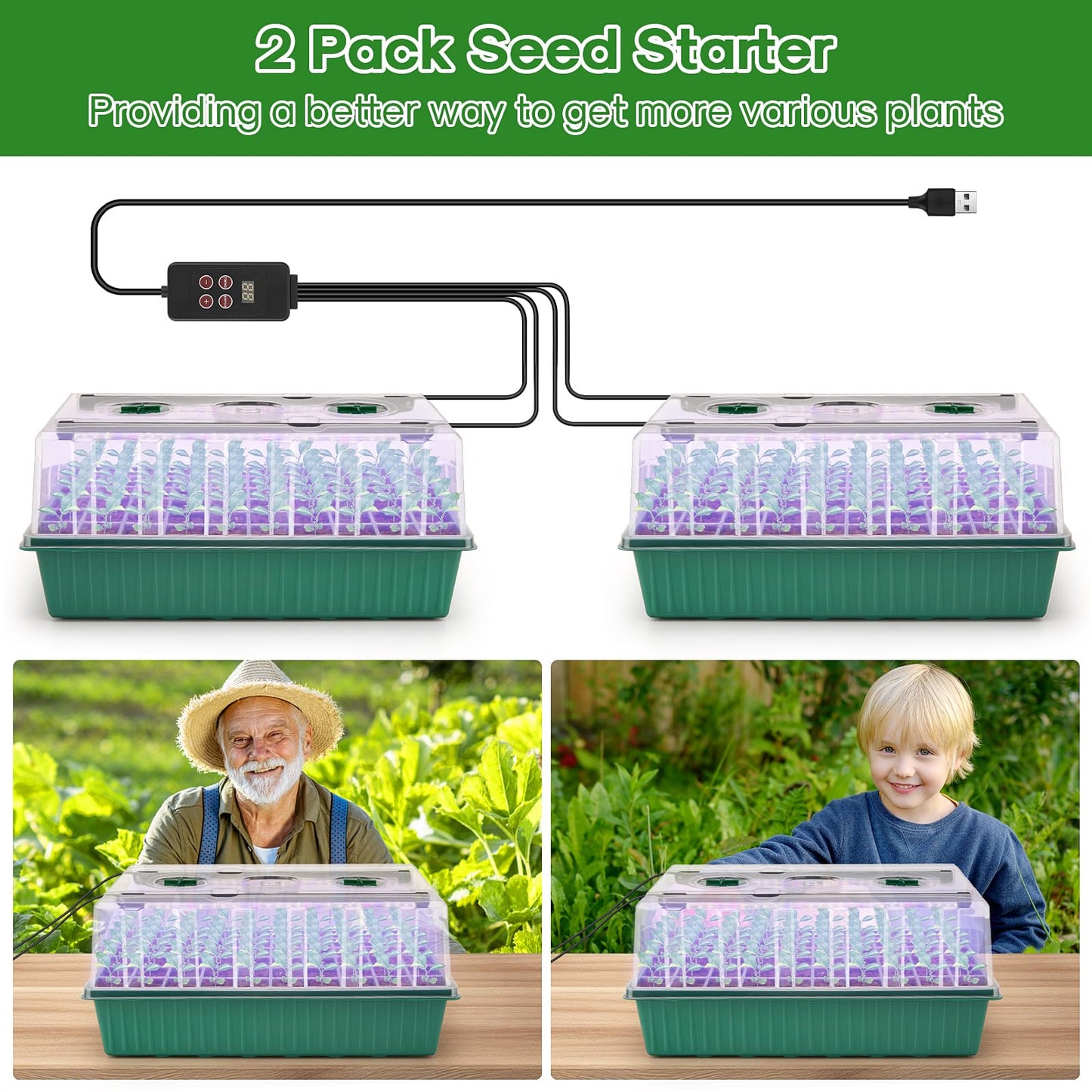 Blumway Self-Watering Seed Starter Tray Kit with Grow Light and Humidity Dome, 3 Color Growing Light,120-Cell Plant Seedling Tray,Reusable Germination Trays,Adjustable/Timed Plant Starter Set