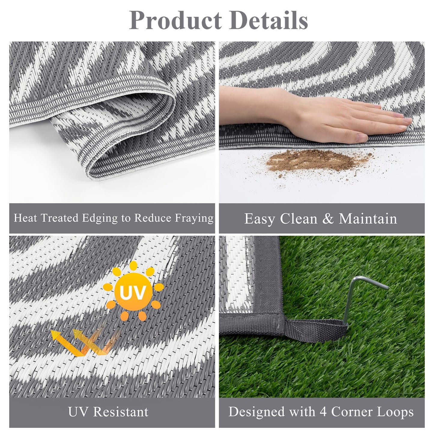Vaukki Outdoor Patio Rug 8x10, Waterproof Woven Plastic Straw Camping Area Mat, Grey RV Striped Outside Reversible Carpet Clearance for Porch Backyard Deck Balcony