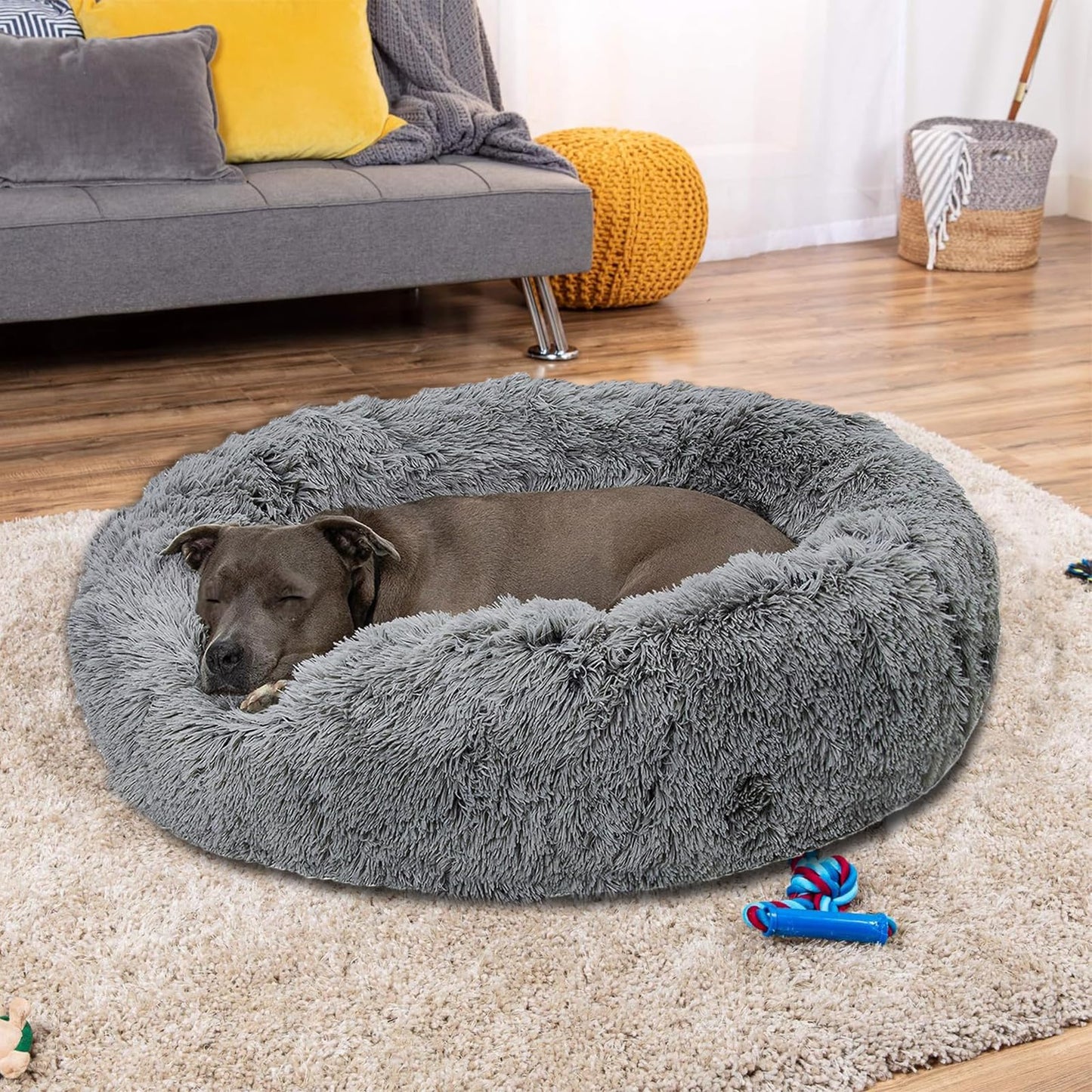 Calming Dog Bed, Anti-Anxiety Pet Bed Fluffy Faux Fur Donut Cat Bed, Washable and Self-Warming Dog Bed with Slip-Resistant Bottom for Medium Dogs and Cats Up to 45 lbs