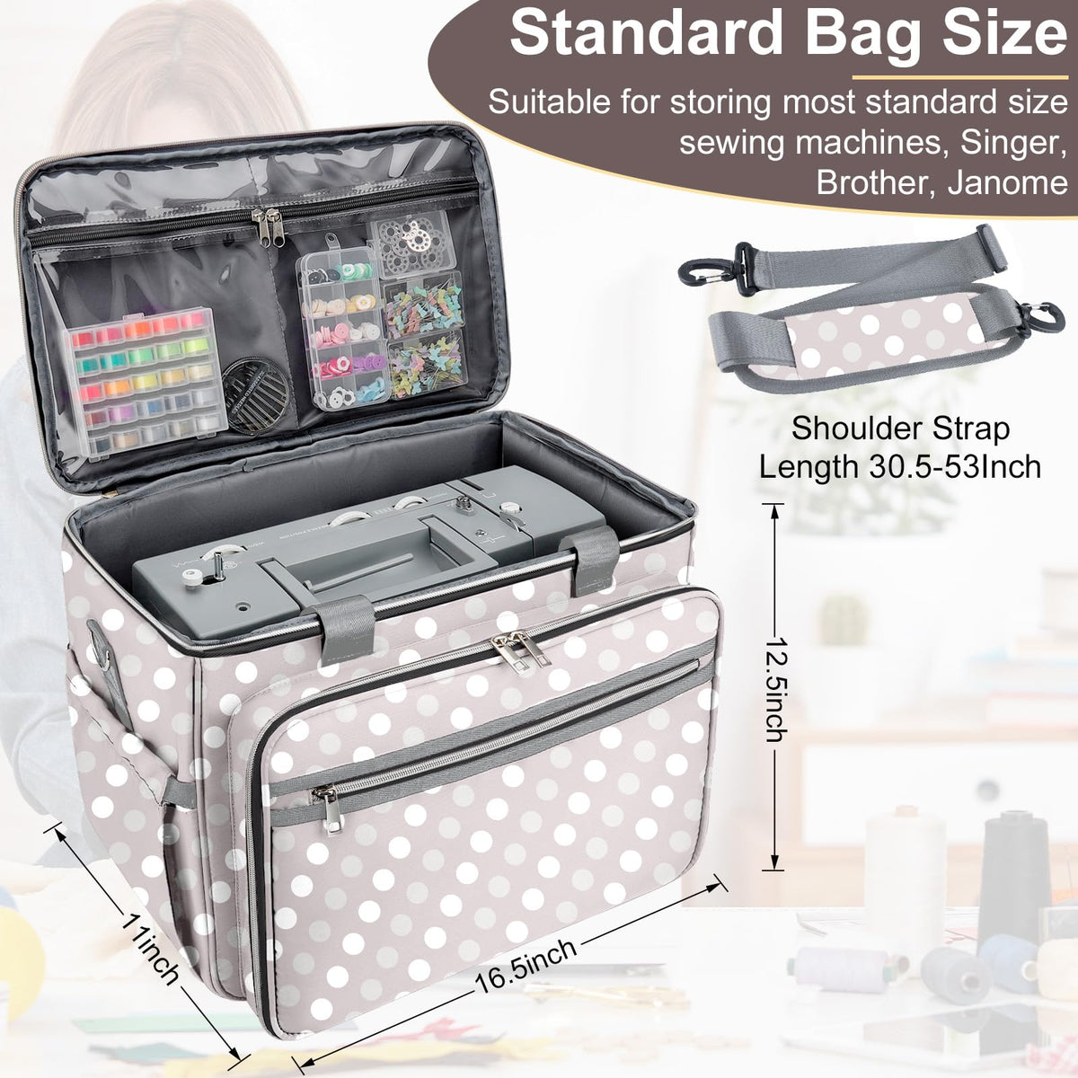 Anitor Sewing Machine Case with Removable Bottom Padding, Sewing Machine Bag Fits Most Standard Sewing Machines and Storage Sewing Accessories, for Singer, Brother, Janome, Round Dot，(Bag Only)