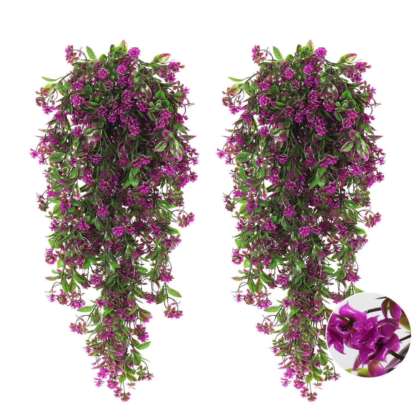 RECUTMS 2Pcs Artificial Hanging Flower Greenery Plants Spring Faux Greenery Artificial Plants for Outdoors Hanging Basket Plastic Home Garden Wedding Party Valentines Decorations(Fuchsia)
