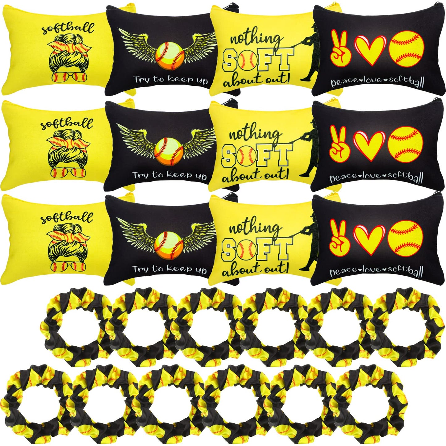 Kajaia 24 Pcs Softball Party Favors Softball Cosmetic Bag Sport Hair Scrunchies Bracelet Travel Pouch Canvas Makeup Bags Hair Ties Bands for Women Girls Team Gifts(Elegant)