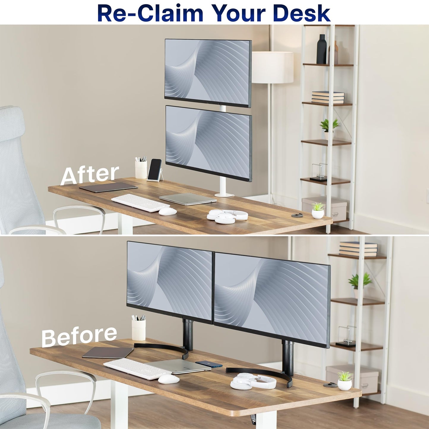 White Dual LCD Monitor Desk Mount Stand, Stacked Vertical 2 Screens up to 34"