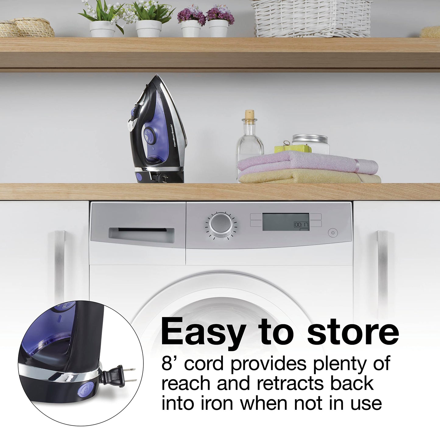 Hamilton Beach Steam Iron for Clothes, Retractable Cord Iron, Stainless Steel Soleplate, 1200W, Vertical Steam, Spray & Steam Boost, Black, 14214