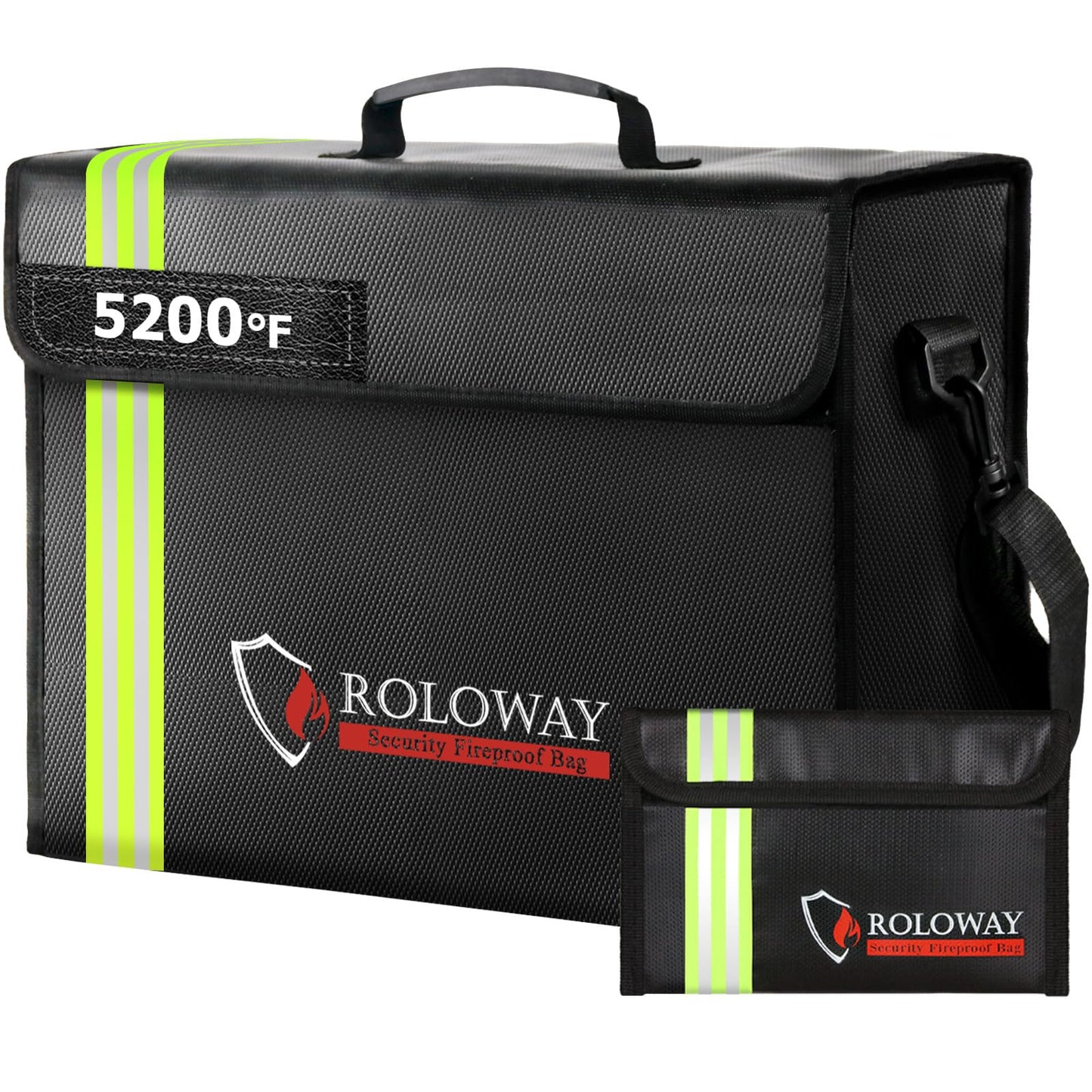 ROLOWAY Large Fireproof Document Bag 5200°F Heat Insulated, Reflective Strip, Fireproof Money Bag, Lockable Zipper, Black, 17 x 12 x 5.8 inches