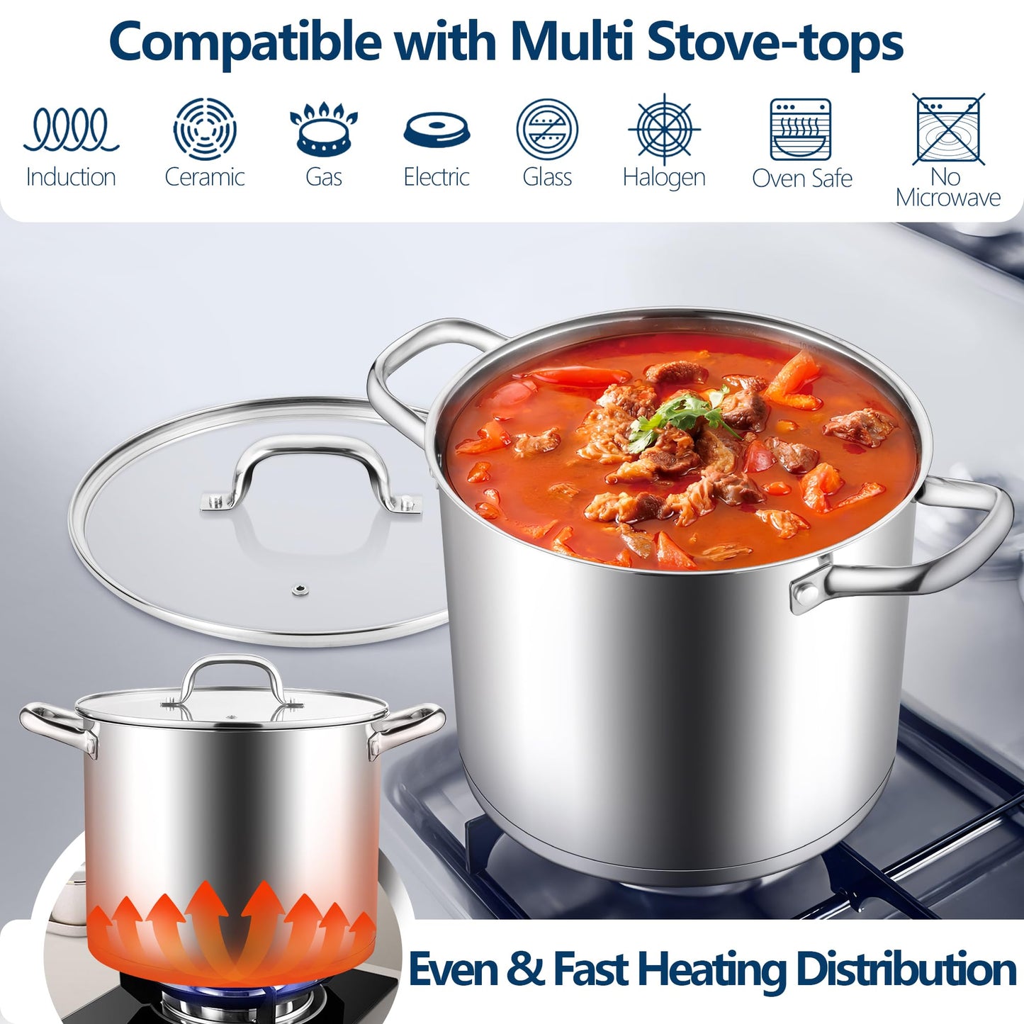 E-far 10 Quart Stainless Steel Stock Pot, Large Cooking Pot with Glass Lid for Soup Canning Stewing Simmering, Heavy Duty Cookware with Triply Base for Induction Gas Ceramic Stoves, Dishwasher Safe