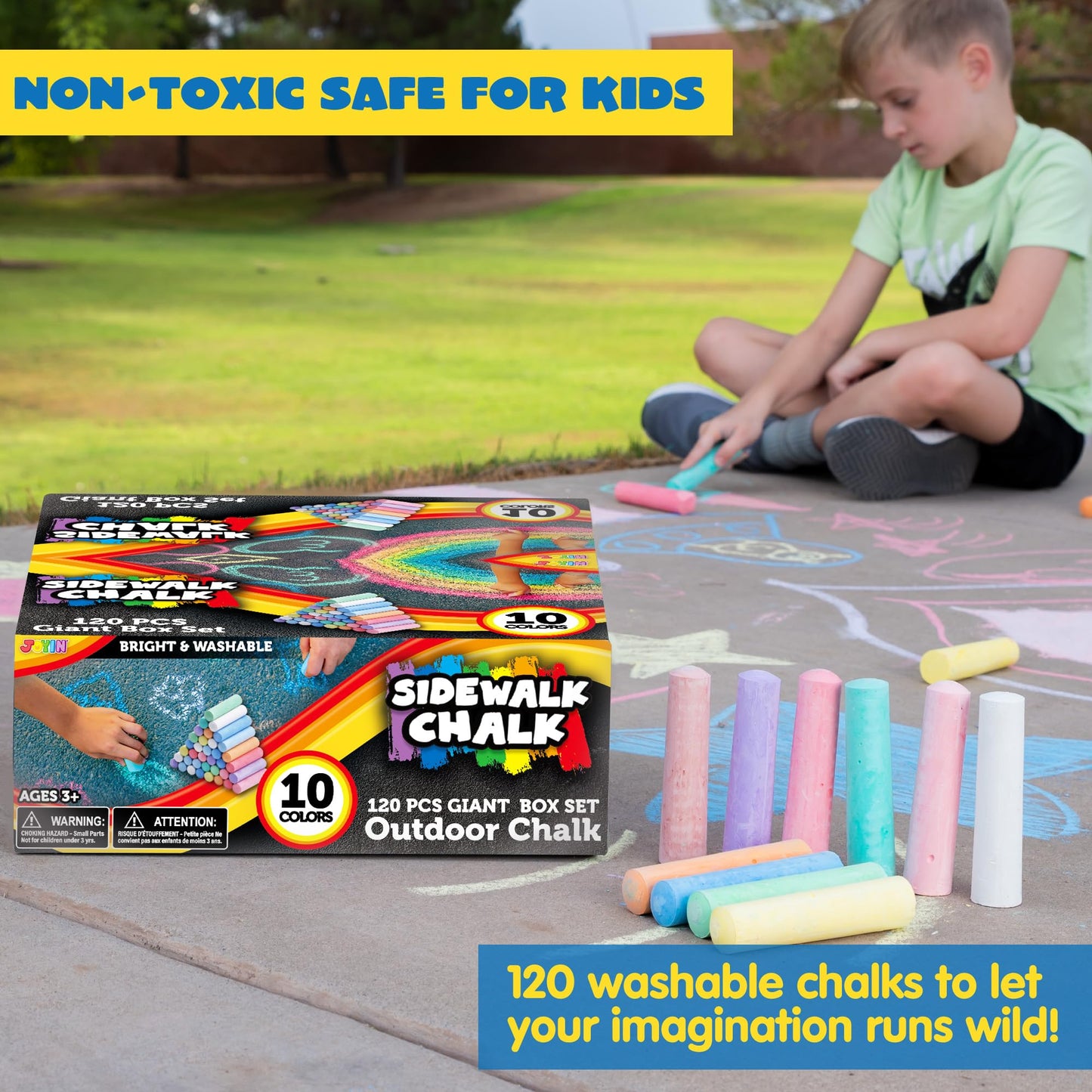 Joyin Toy 120 Pack Giant Box Non-toxic Jumbo Washable Sidewalk Chalk Set in 10 Colors (120 Pieces)