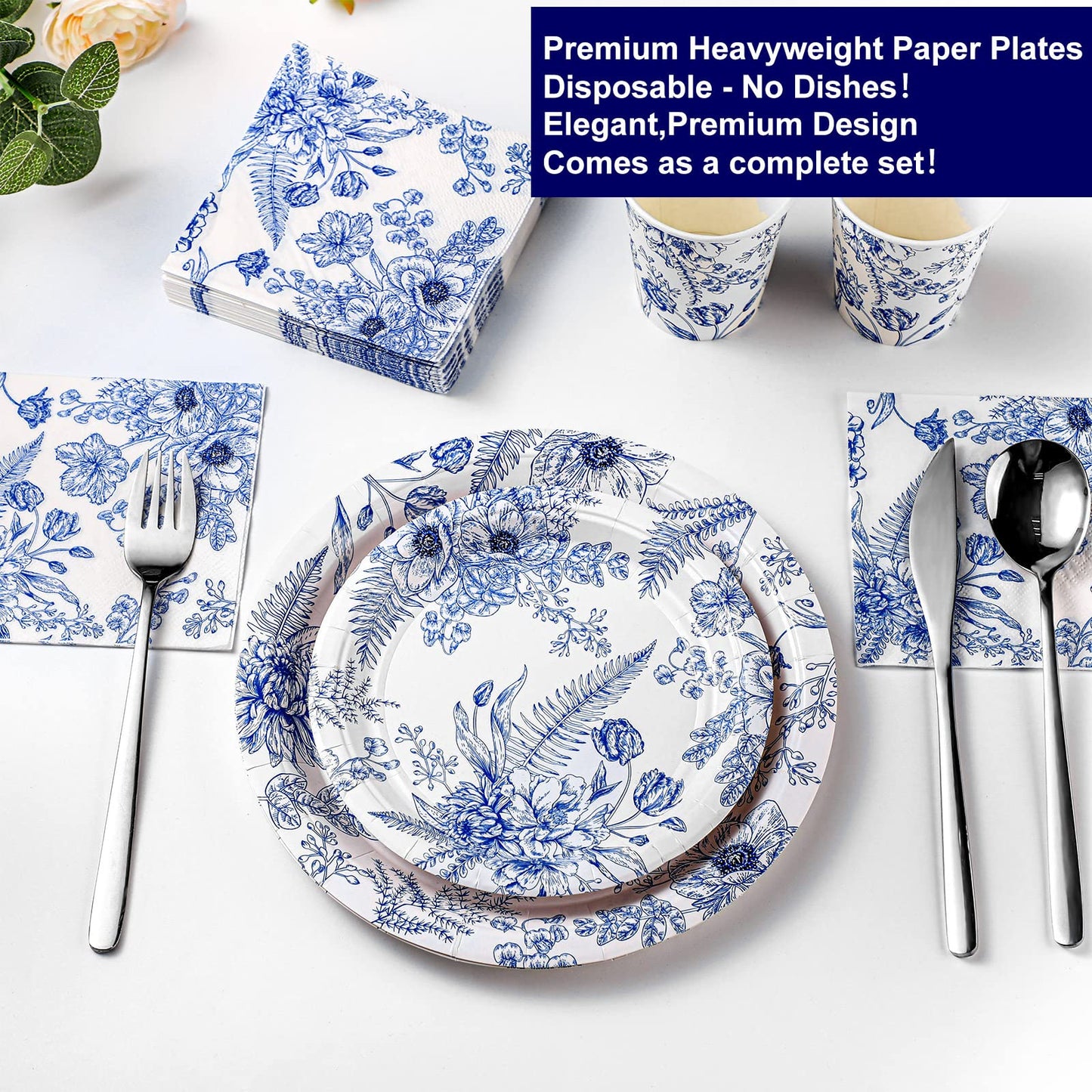 Dandat 250 Pcs Blue Floral Paper Plates and Napkins Blue Bridal Shower Tea Party Decorations Blues White Floral Tableware Set for 50 Guests Disposable Plates Napkins Cups Wedding Baby Bridal Shower