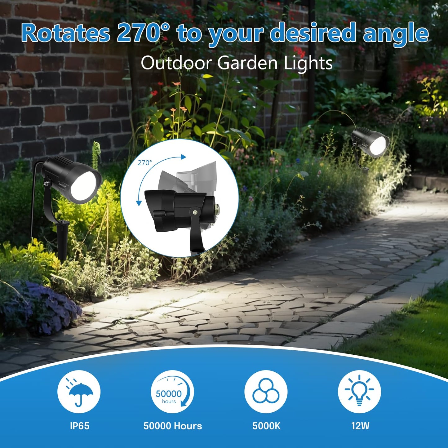 HIBOITEC 12W Landscape Lights IP65 Waterproof LED Outdoor Spotlight with US 3-Plug Cord,270° Adjustable Angle Landscape Lights for Garden, Yard, Lawn White Light 4 Pack