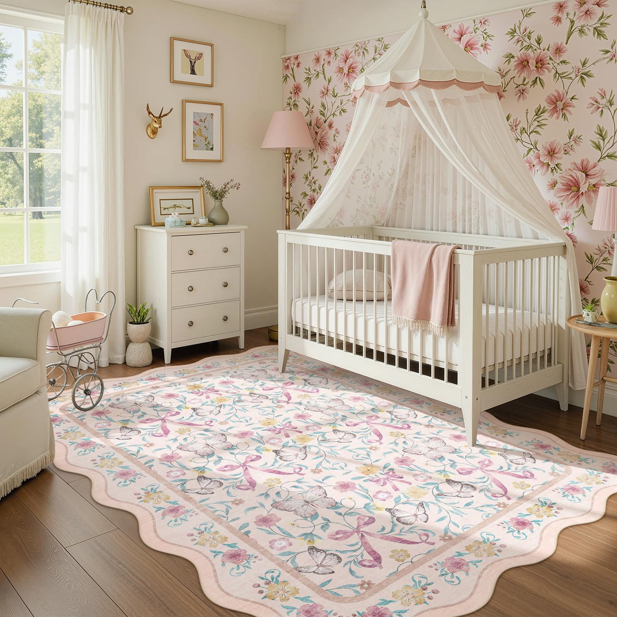 5x7 Pink Nursery Rug for Bedroom, Scalloped Washable Area Rugs for Kids Room, Bow Floral Carpet for Girls Room, Cute Ultra-Soft Non Slip Boho Carpet for Playroom, Dorm (Pink)