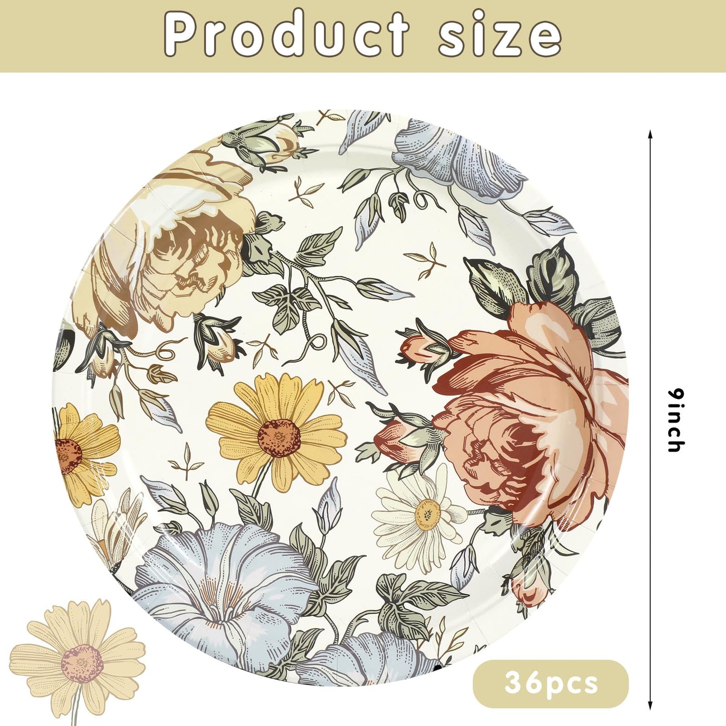 Uiifan 36 Pieces Vintage Flower Style Paper Plates, 9 Inches Elegant Wildflower Paper Plates Butterfly Disposable Plant Seashell Party Supplies for Garden Tea Wedding Birthday Shower (Floral)