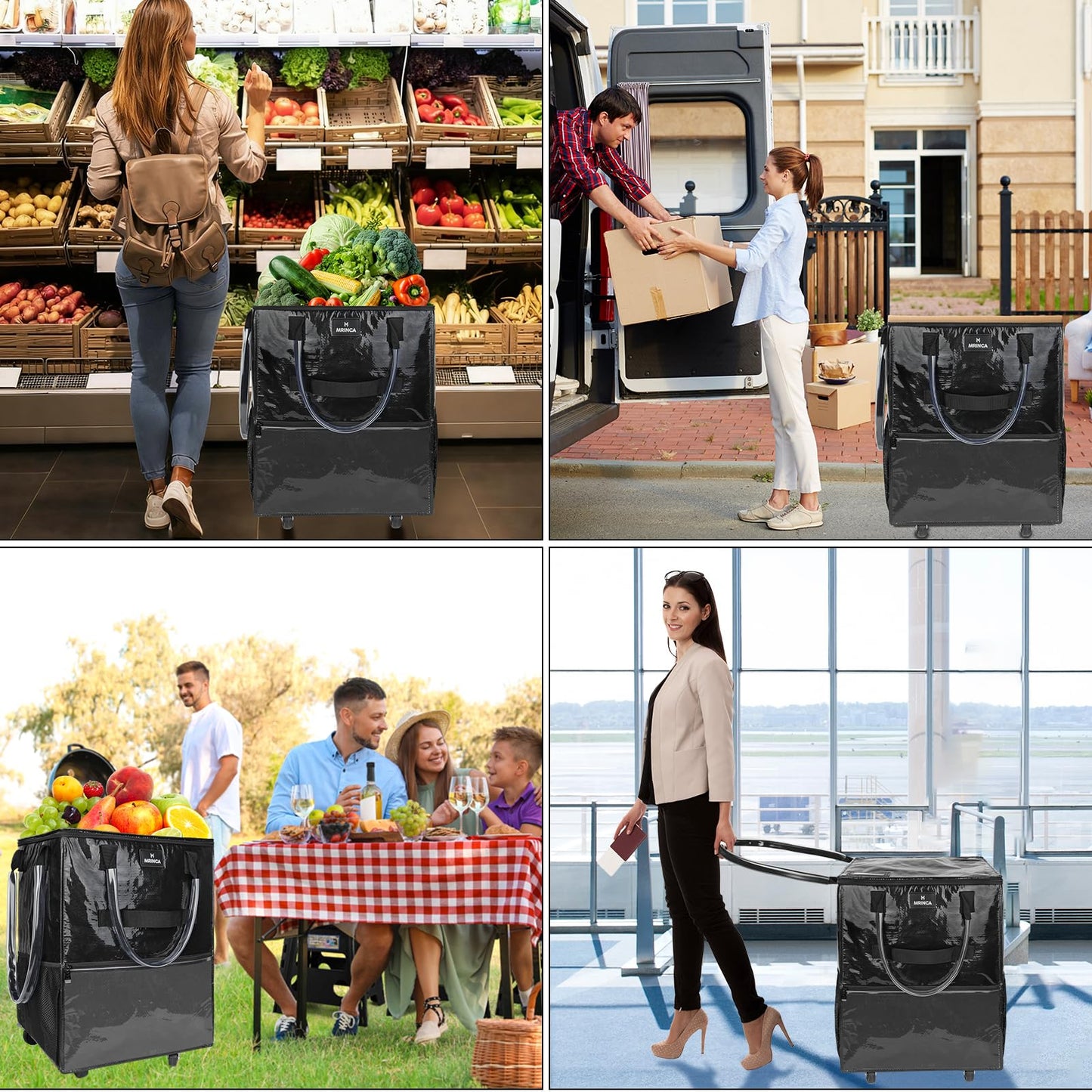 Foldable Shopping Cart with Wheels, Waterproof PP Grocery Tote Bag with 6 Pockets, Zippered Top, 4 Wheels and Heavy Duty Handles, Lightweight, Carries Up to 22 LBS, Small, Black