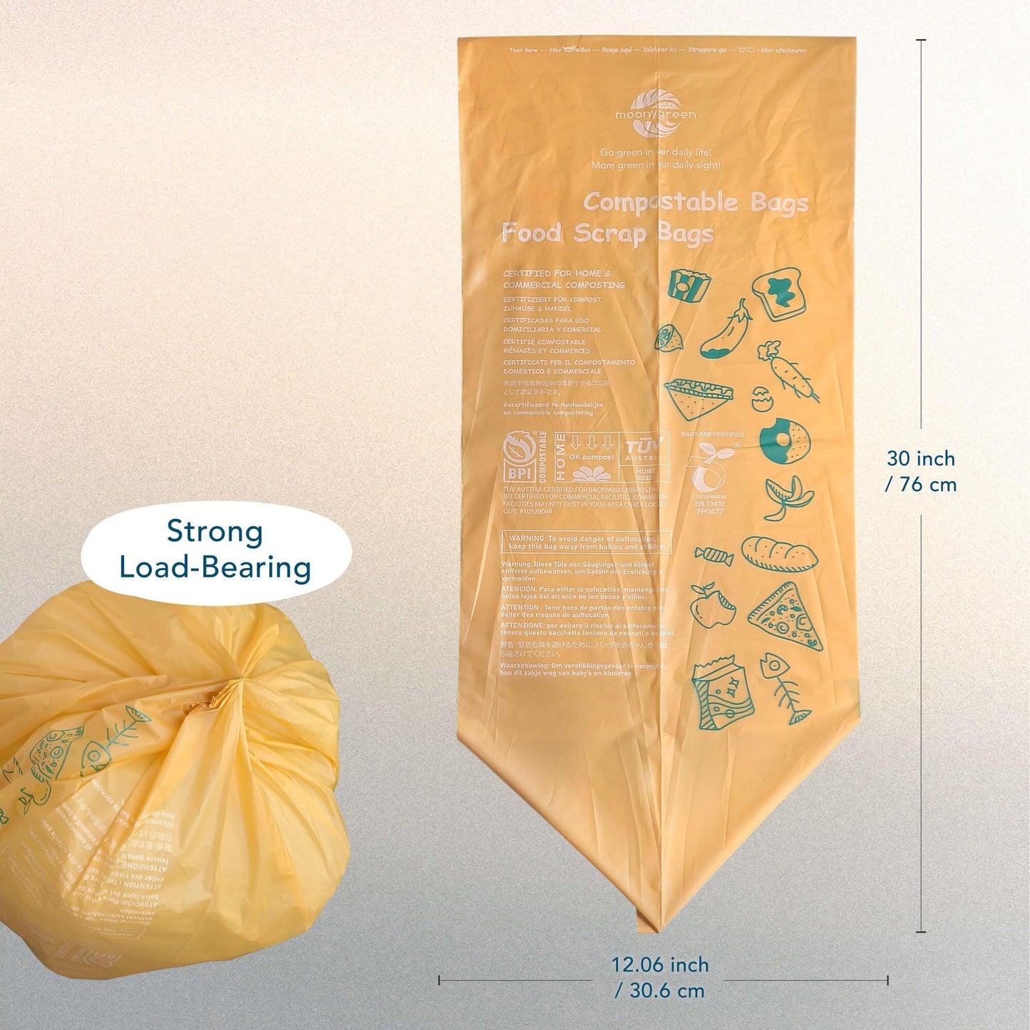 Moonygreen Compostable Trash Bags 13 Gallon, Tall Kitchen Food Waste Bags, US BPI ASTM D6400 and Europe OK Compost Home Certified, Heavy-Duty, 49.2 Liter, 50 Count, Extra Thick 1.1 Mils