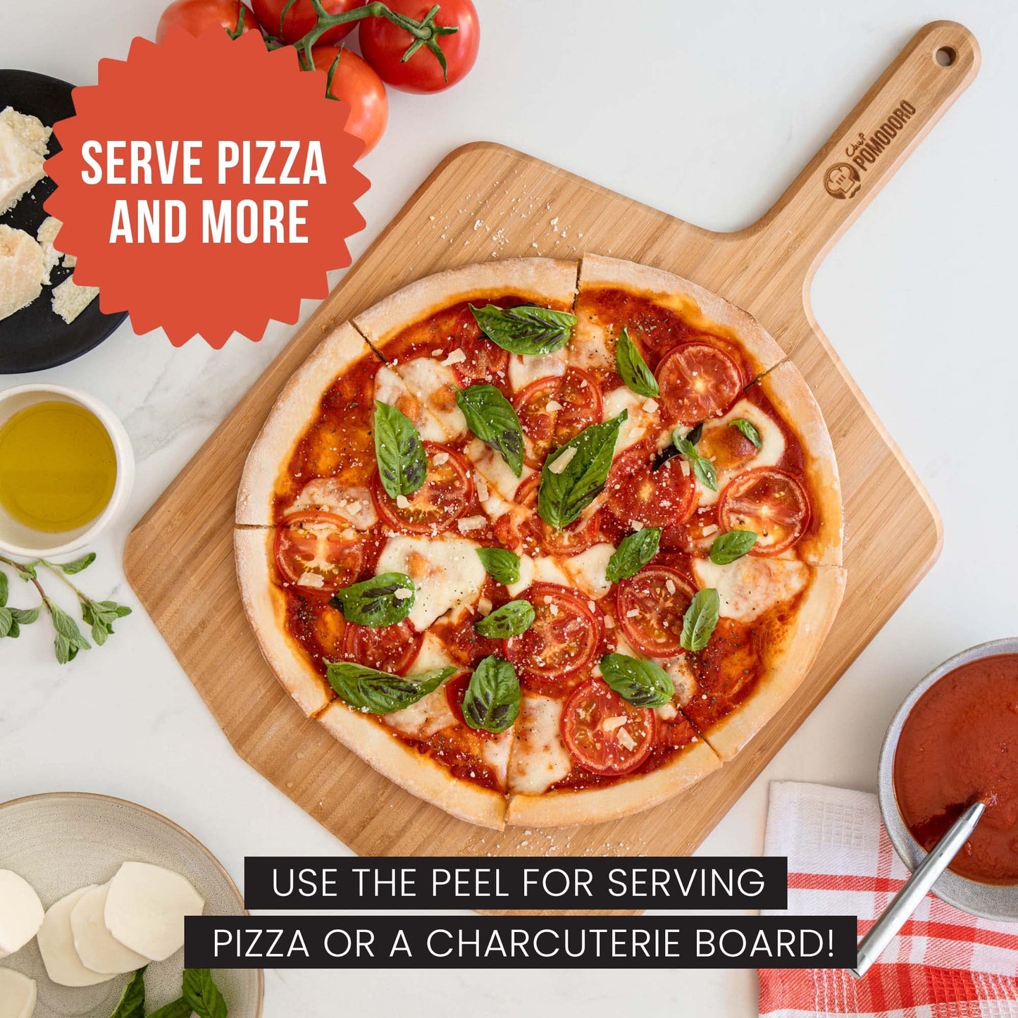 Chef Pomodoro Wooden Pizza Peel 14 inch, Homemade Wood Paddle, Board with with Handle, Indoor and Outdoor Oven Accessories, Spatula Gourmet Prep Shovel for Launching and Serving Pies and Bread