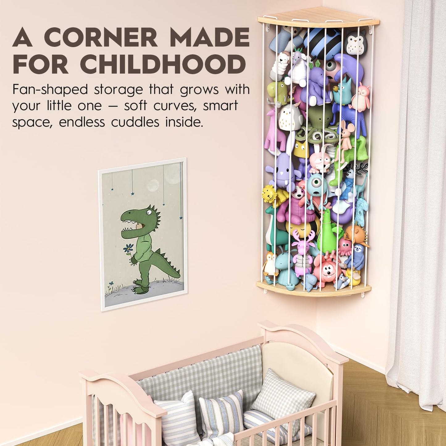 Zayysoha Stuffed Animal Storage Wood Corner Toy Plush Storage Hammock Hanging Storage Net, Toy Organizer Shelf for Nursery Playroom Bedroom Kid Room