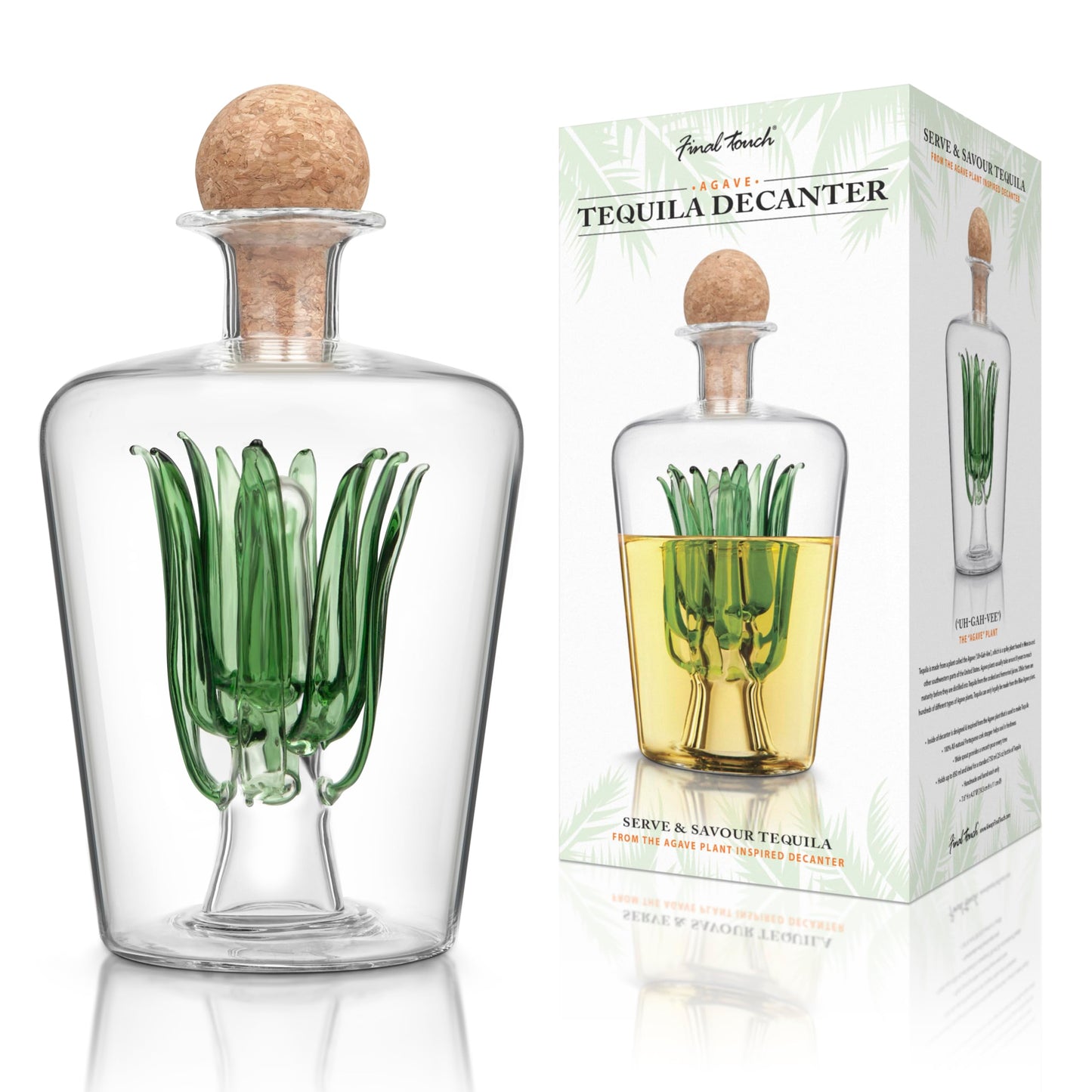 Final Touch Agave Tequila Decanter - 850ml Handmade Bottle with Natural Cork Stopper and Wide Spout for Smooth Pouring - Inspired by Agave Plant for Tequila Serving (TQ5301)