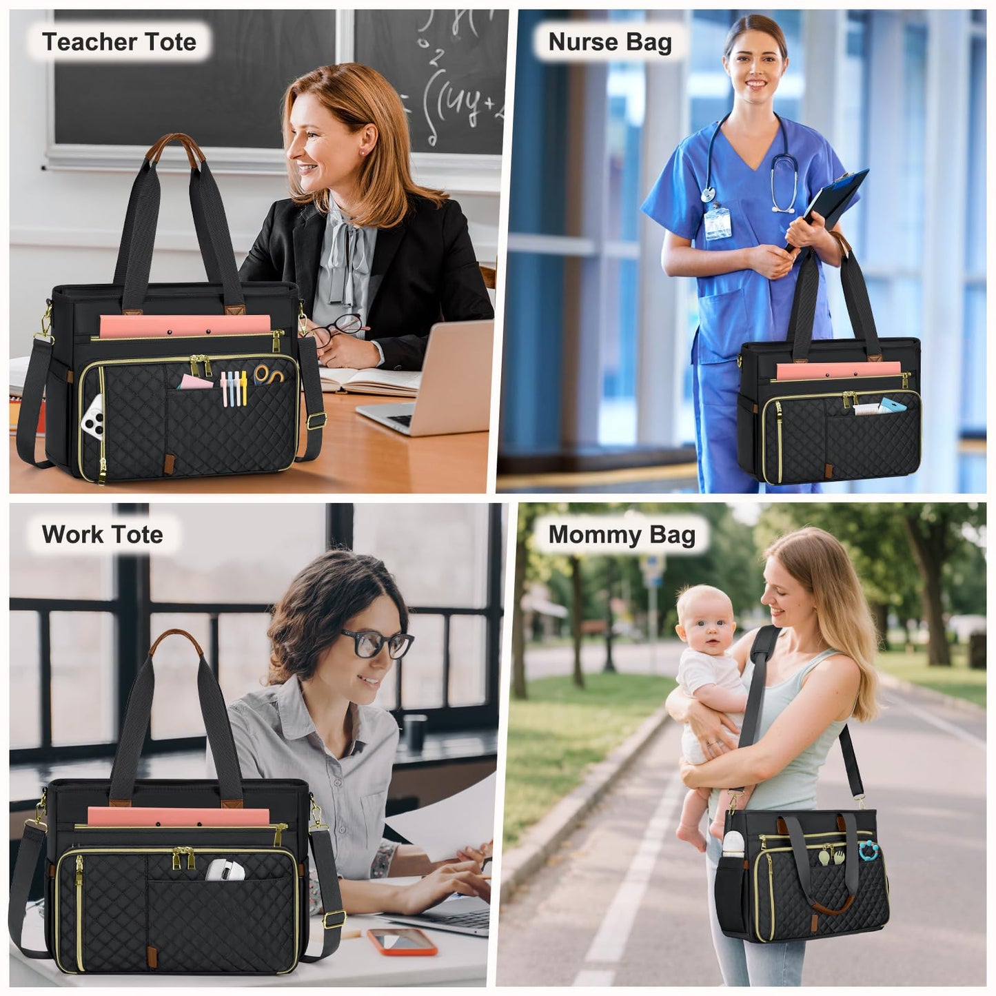 SDYSM Teacher Tote Bag 15.6 Inch Laptop Bag for Women Large Work Bag Teacher Nurse Bag Professional Computer Messenger Laptop Briefcase Handbag for Nursing, Office, College, Black