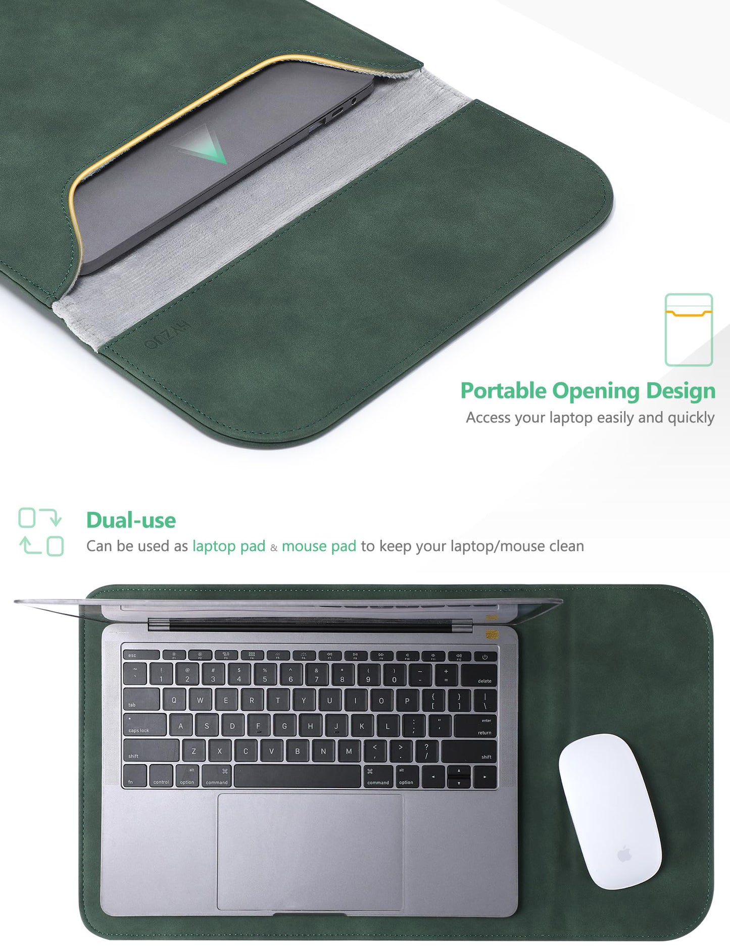 HYZUO 13.3-14 Inch Laptop Sleeve Case for MacBook Pro 14 M5/M4/M3/M2/M1 Pro/Max A3426 A3427 2026-2021, 13.3" MacBook Air/Pro, 13.5-13.8 Surface Laptop, HP Envy 13, Faux Suede Leather, Midnight Green
