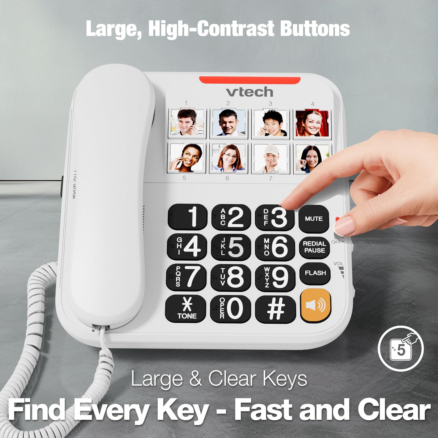 VTech Corded Phone with Oversized High-Contrast Buttons, 8 Photo Speed Dial, Large Buttons, Talking Digits for Seniors, Visual Ringer, Full-Duplex, Earpiece and Speakerphone Volume Control | SN1117