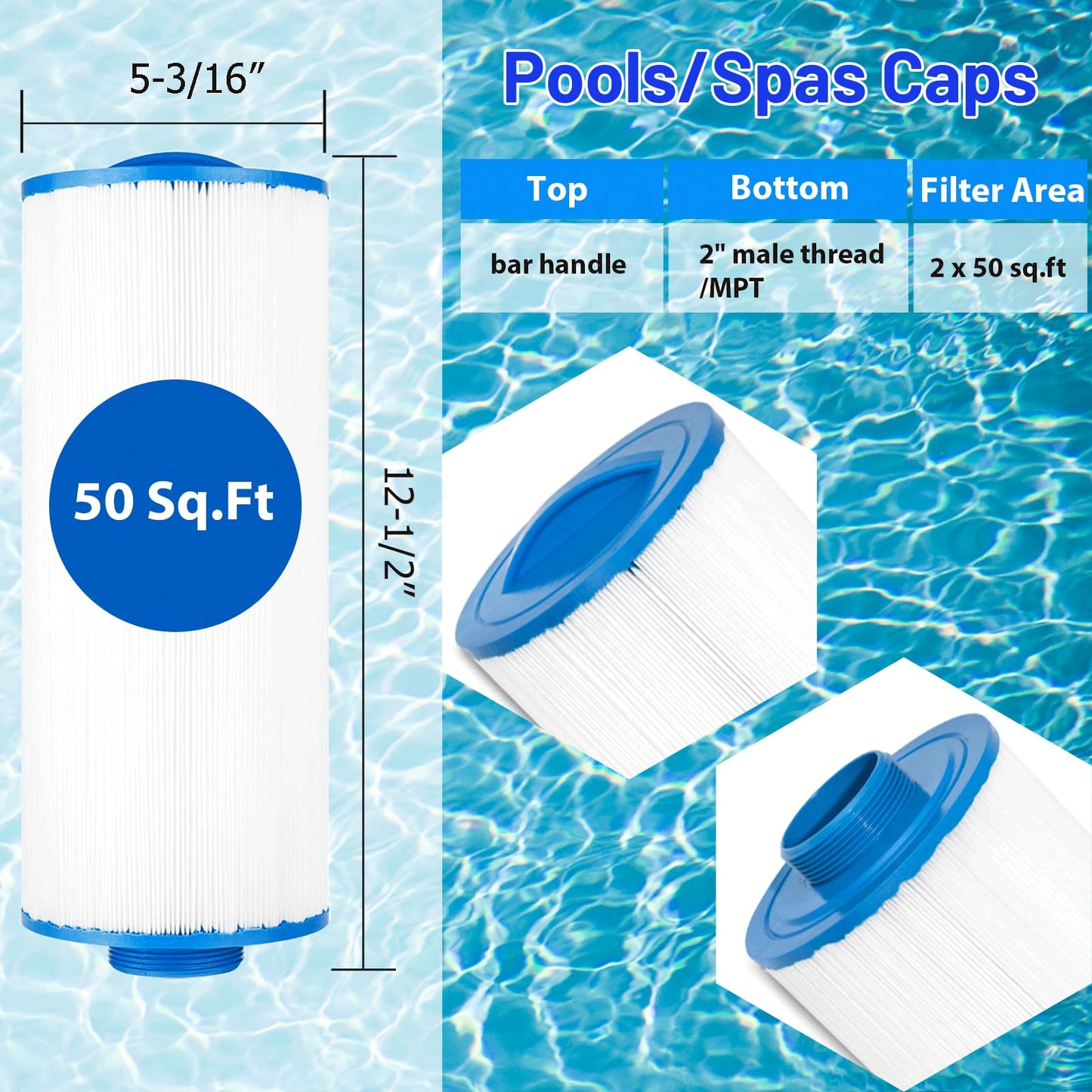 HANXER 5CH-502 Spa Filter Cartridge Replaces for PPM50SC-F2M, Filbur FC-0195, Marquis Spa 20041, 20091, 370-0237, C-5303, 50501, 2" Male Thread/MPT Hot Tub Filter, 50 sq.ft Cal Spas, 2 Pack