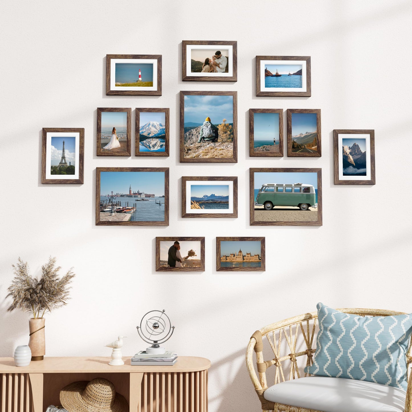 Vittanly 15 Pack Picture Frames Gallery Wall Frame Set for Mounting or Tabletop Display, Multi Sizes Collage Photo Frames Including 3pcs 8x10, 6pcs 5x7, 6pcs 4x6, Brown