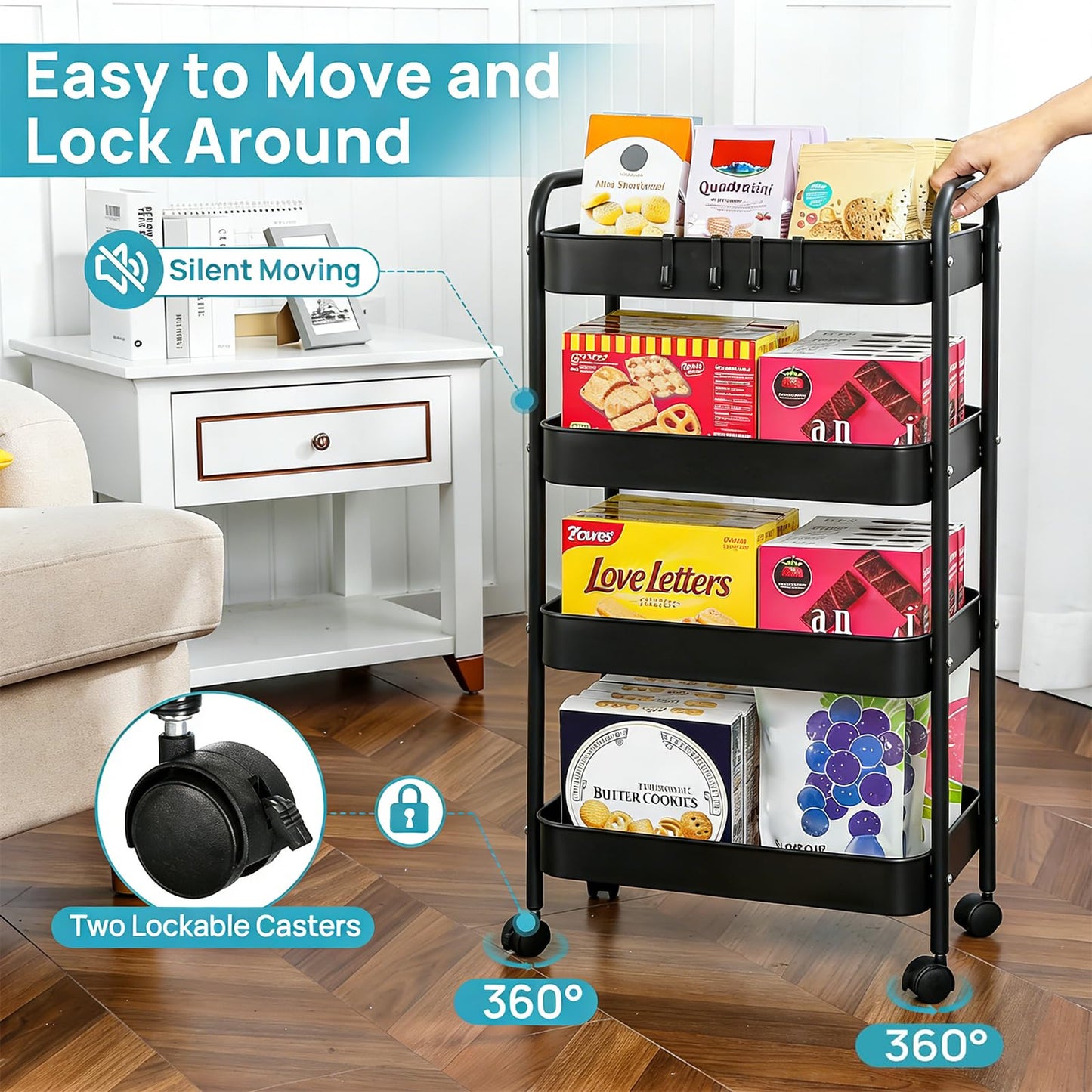 Metal Rolling Cart with Wheels, Utility Storage Cart with Handle and Lockable Casters, Storage Basket Organizer Shelves, Easy Assemble for Kitchen, Living Room, Office, Nursery (Black-4Tiers)