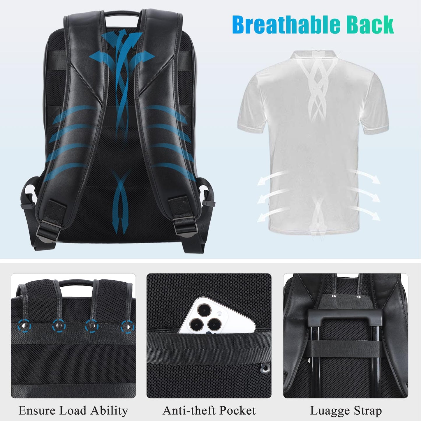 Masa Kawa Slim Genuine Leather Business Backpack for Men Women 15.6" Laptop Bag Office Work Travel Small Thin Computer Casual Daypack, Black