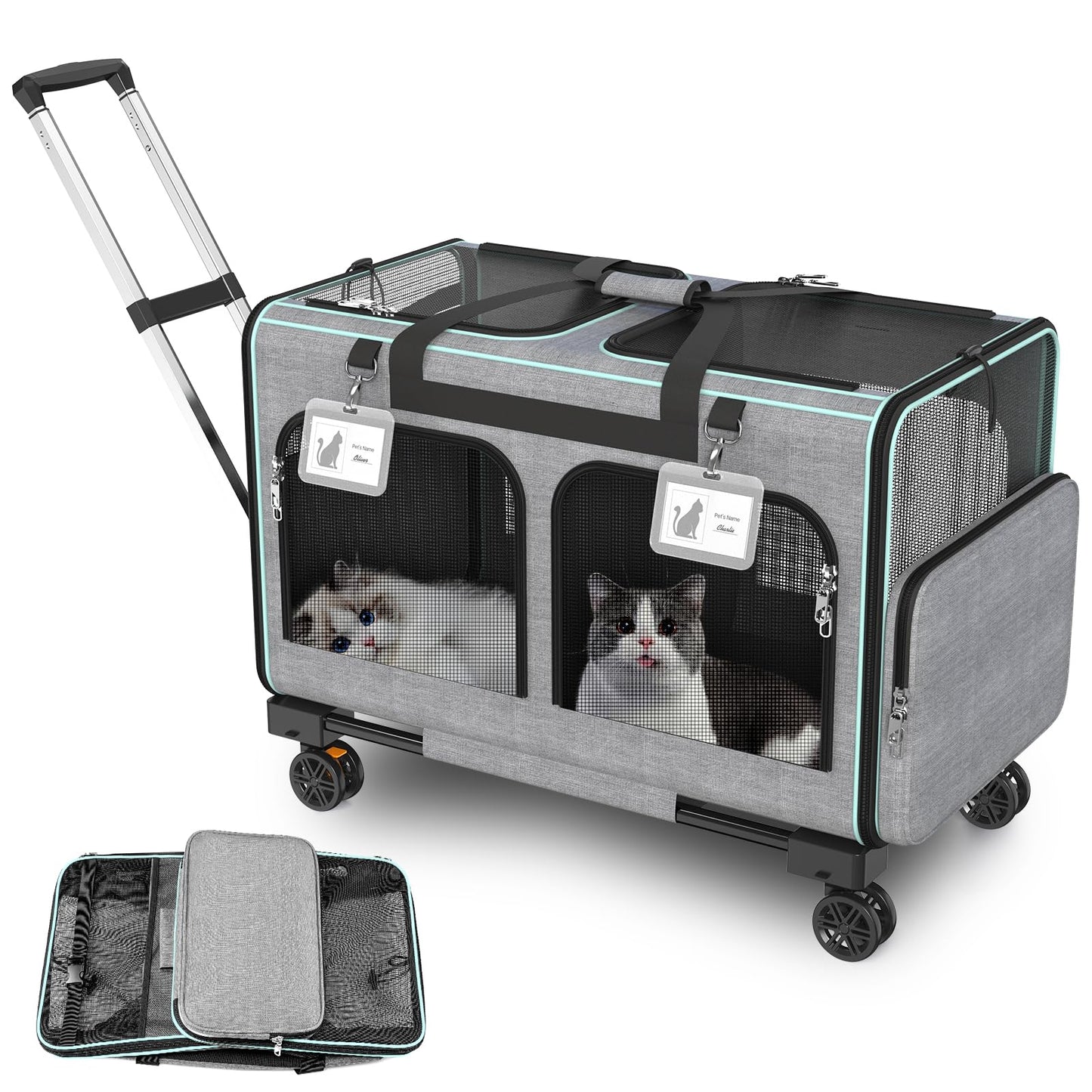 LUFFWELL Large Cat Carrier with Wheels, 2-in-1 Rolling Pet Carrier for Two Cats with Whisper-Quiet Wheels, Extra Large Soft-Sided Pet Travel Carrier for Vet Visits, Park Strolls & Car Travel (Grey)
