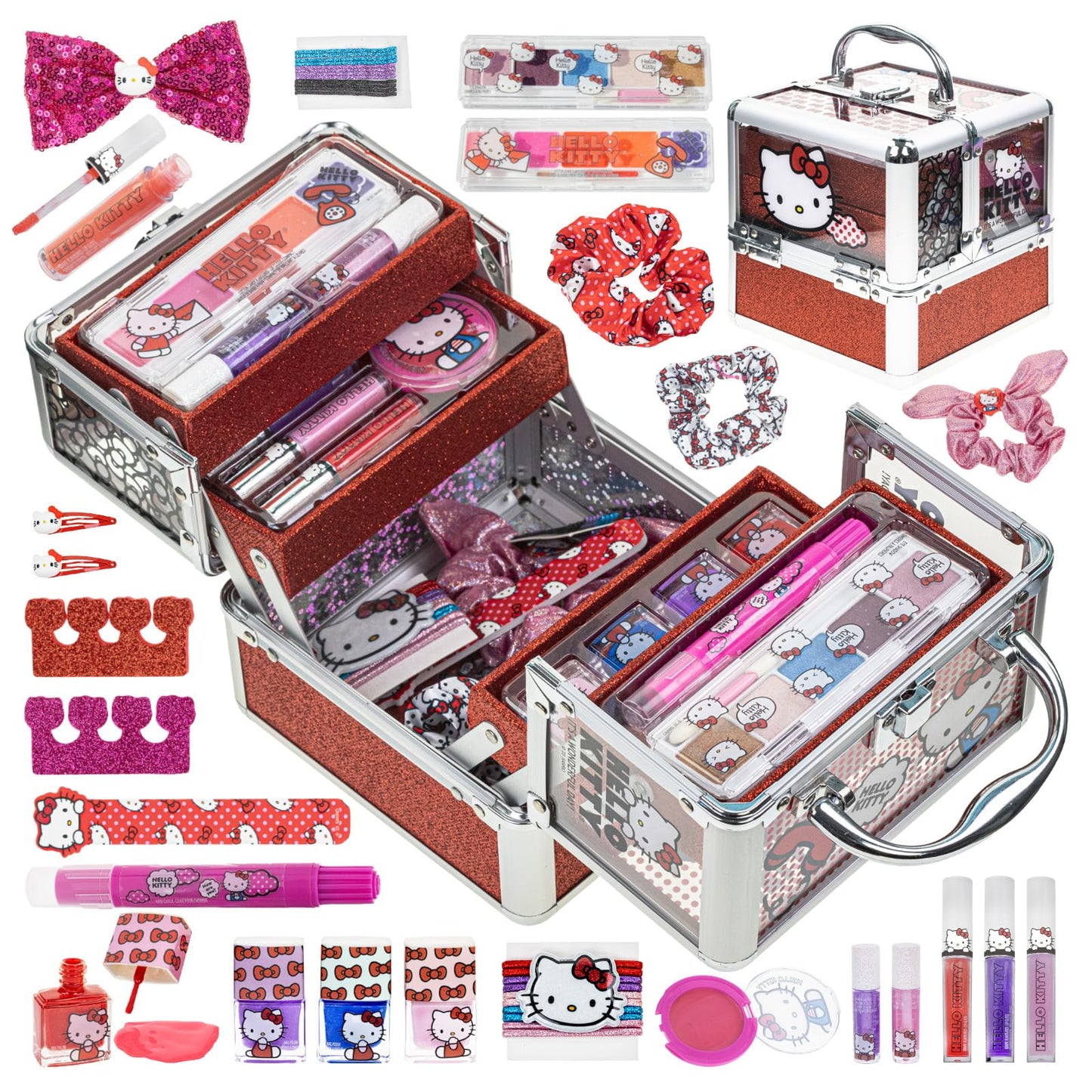 Hello Kitty Train Case Cosmetic Makeup Set Includes Lip Gloss, Eye Shimmer, Nail Polish, Hair Accessories & More! For Girls, Ages 6+ Perfect for Parties & Makeovers, by Townley Girl