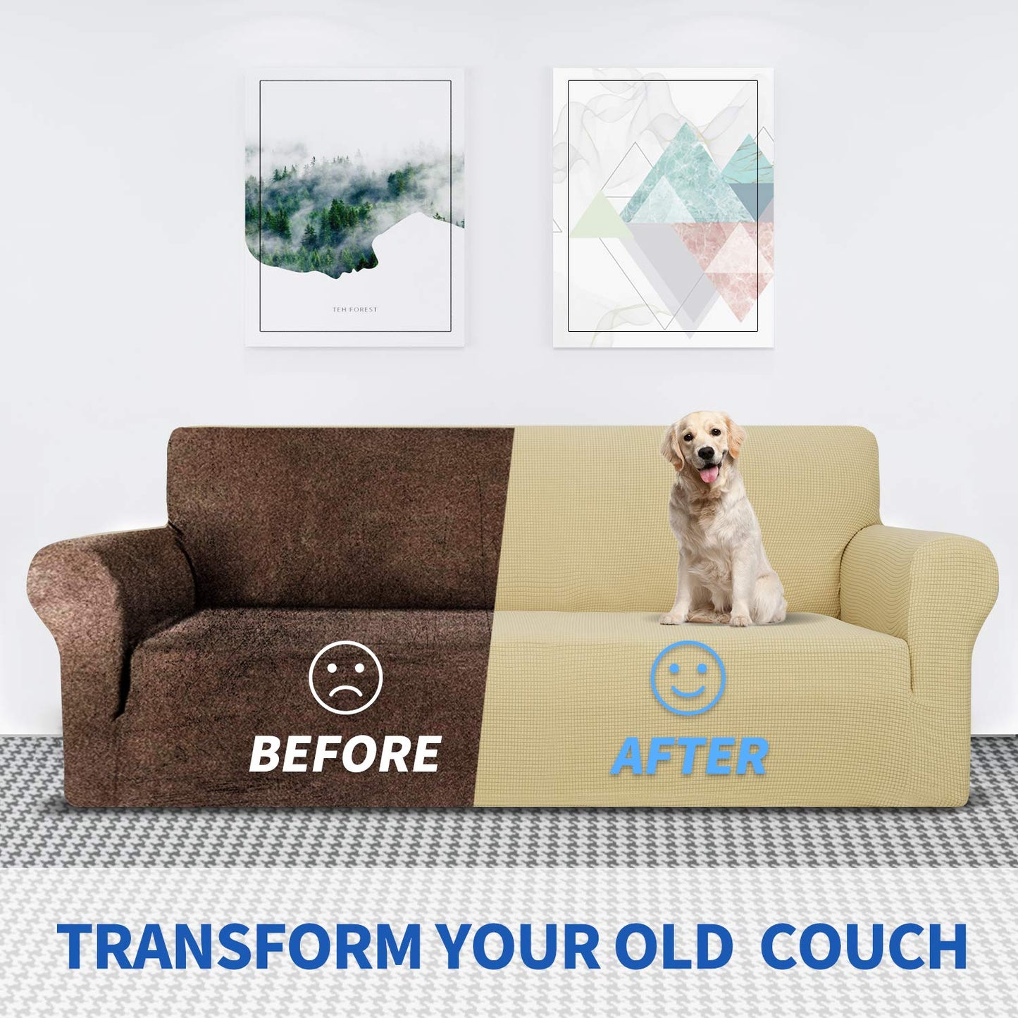 MAXIJIN Super Stretch Couch Cover for 3 Cushion Couch, 1 Piece Universal Sofa Covers Living Room Jacquard Spandex Furniture Protector Dogs Pet Friendly Fitted (Large, Beige)