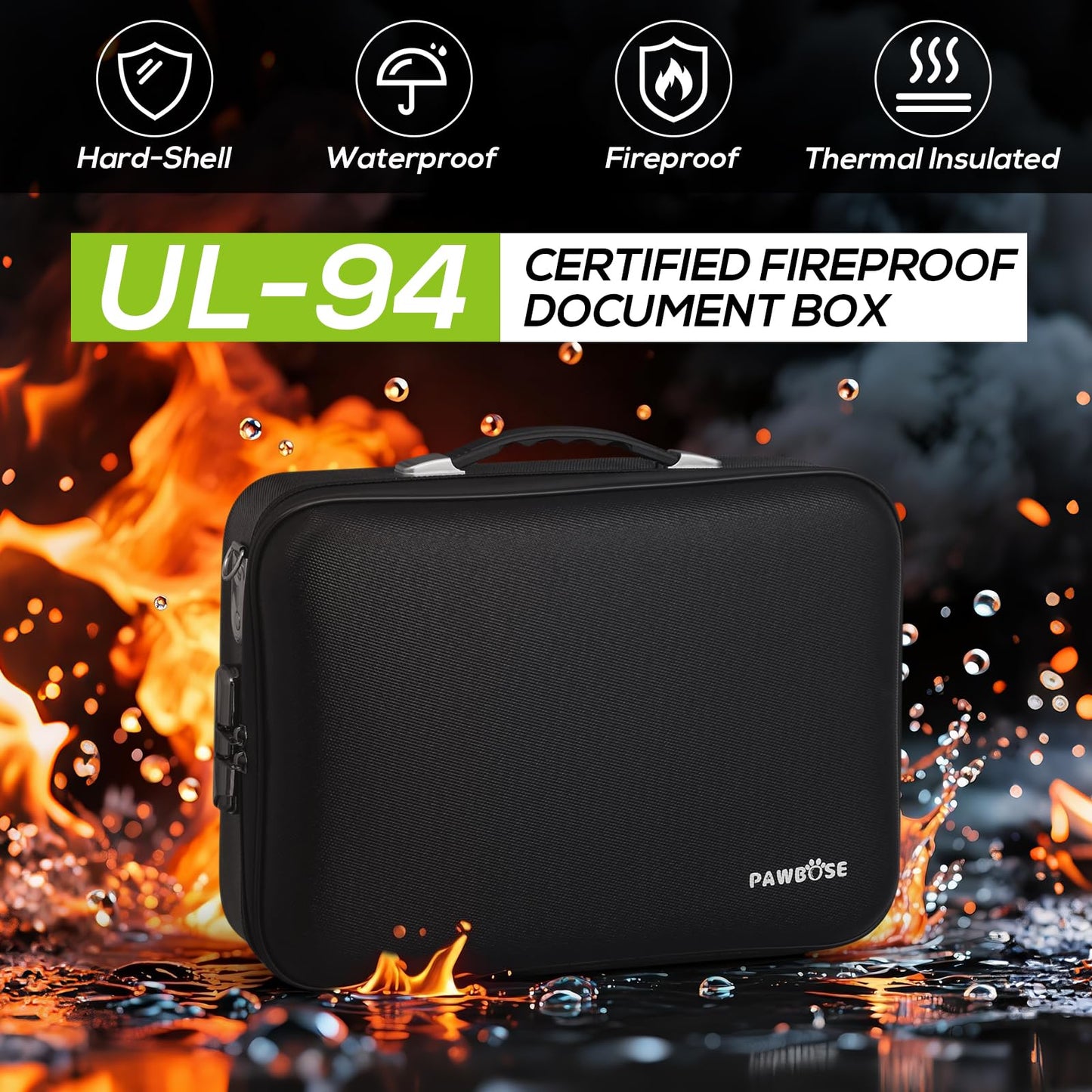 PAWBOSE Fireproof Document Box with Combination Lock, Fireproof Water-Resistant Hard Case Safe for Important Documents, Certificates, Laptop, Passports（16''x12''x5''
