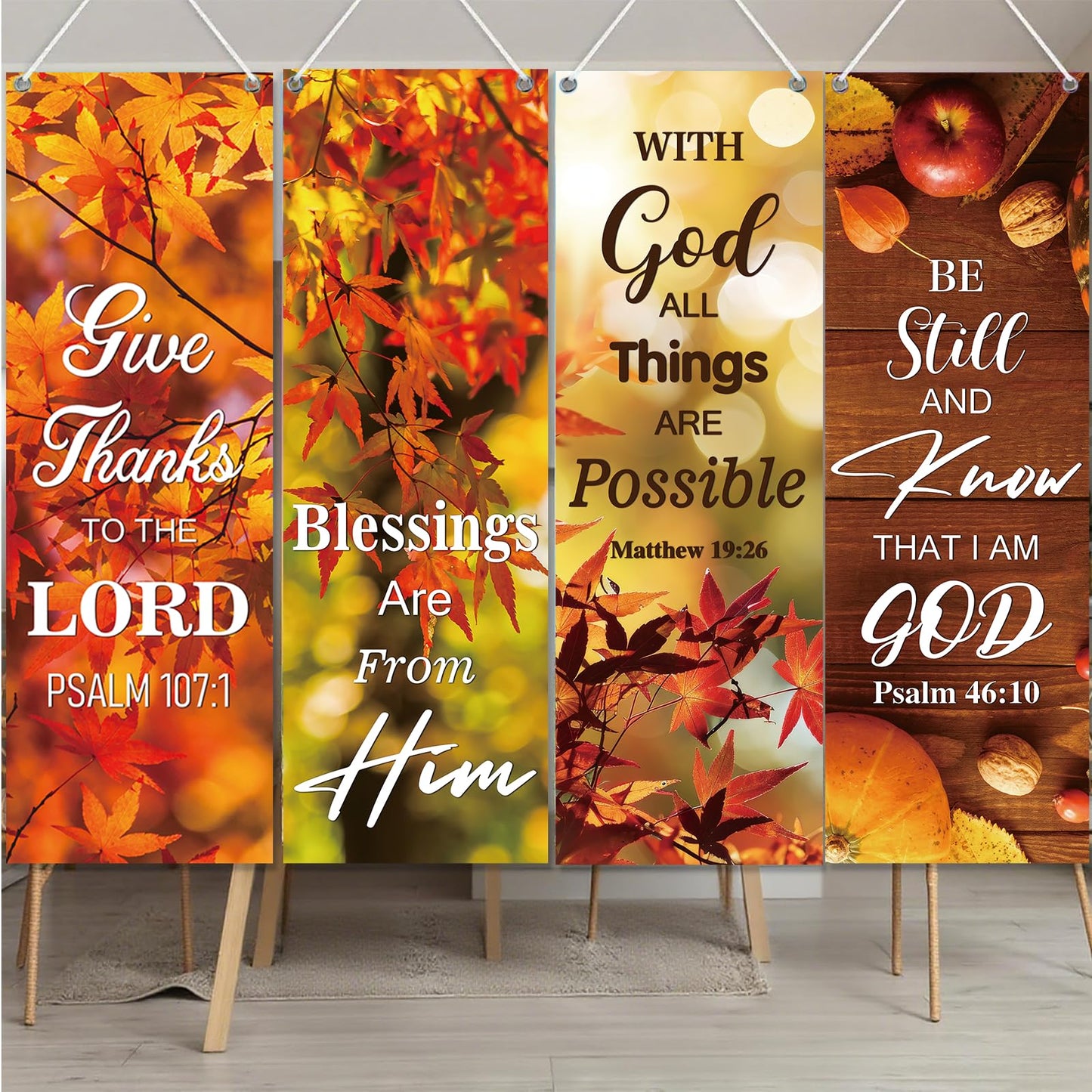 4 Pcs Fall Harvest Church Banners with Bible Verse Backdrop, Religious Praise Hanging Signs, for Church Decorations Sanctuary Wall Fall Harvest Banners