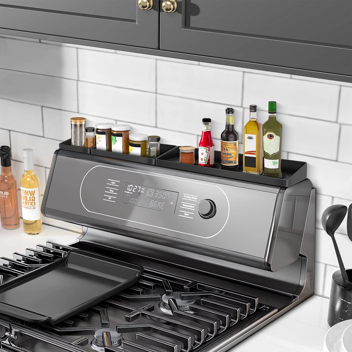 Homotte Stove Top Shelf - Silicone Magnetic Shelf for Kitchen Stove - Over Stove Spice Rack Organizer with 3 Detachable Functional Partitions - Adjustable Length of 20/24/30 Inch (Black)