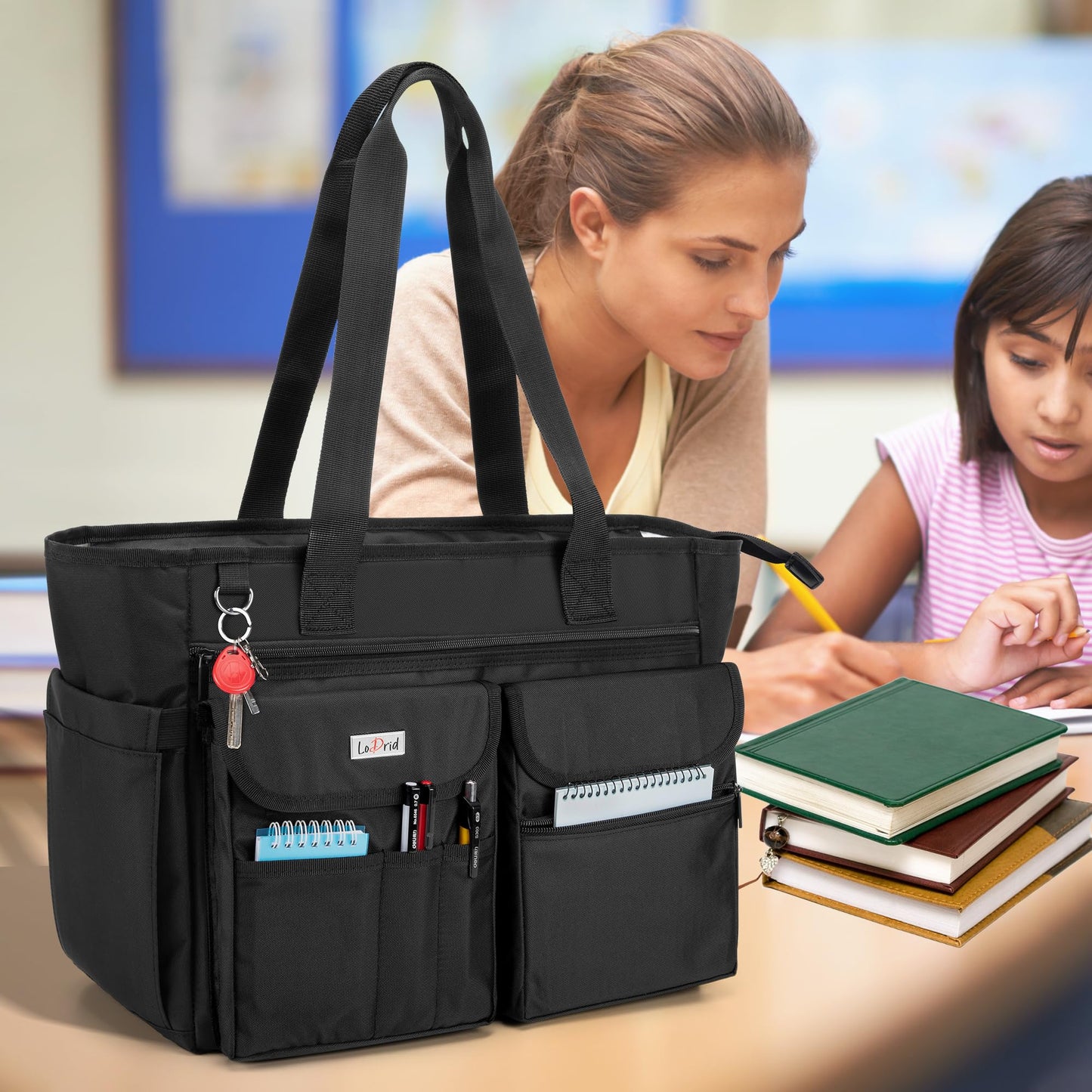 LoDrid Teacher Tote Bag with Bottom Pad, Large Compartment with Separate Storage Layer for Laptop(Up to 15.6"), Black