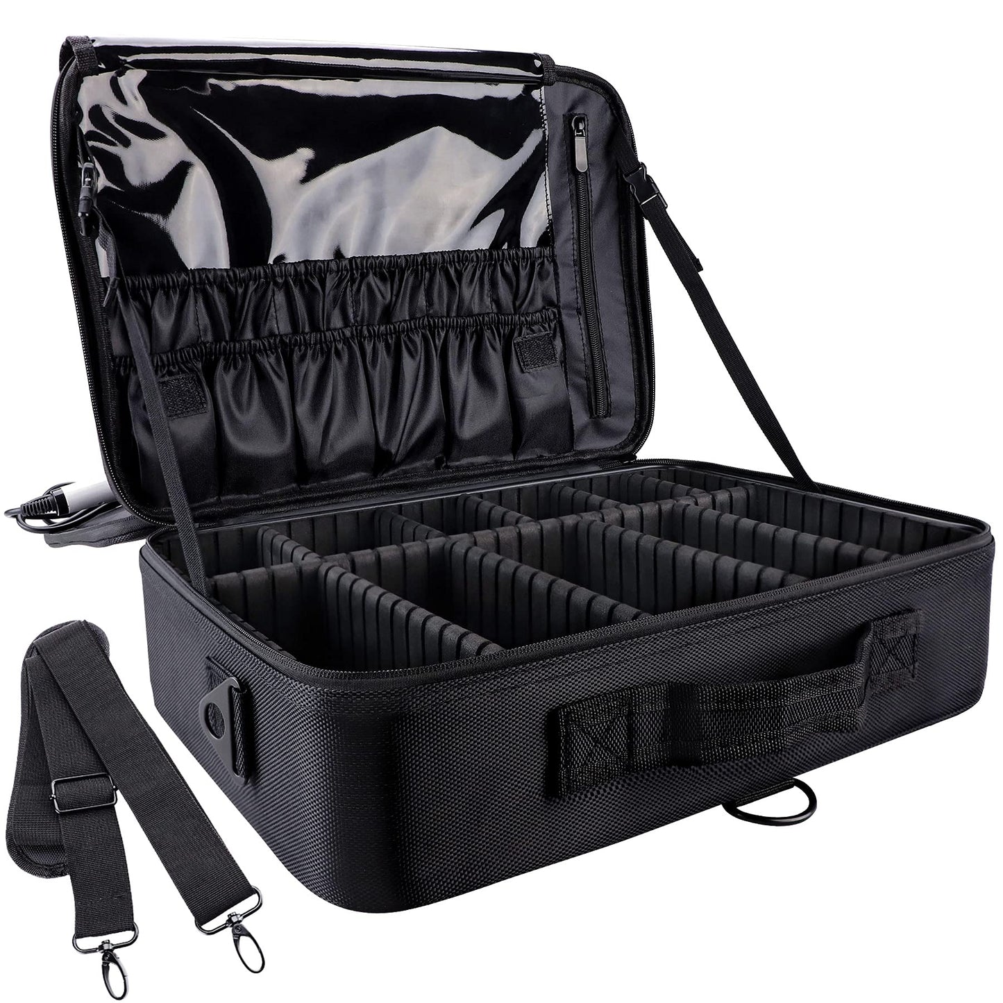 GZCZ Travel Makeup Bag,3 Layers Large Capacity Professional Makeup Train Case Cosmetic Organizer Bag Portable Artist Storage Bag 16.5 inches with Adjustable Dividers and Shoulder Strap（Black Large）