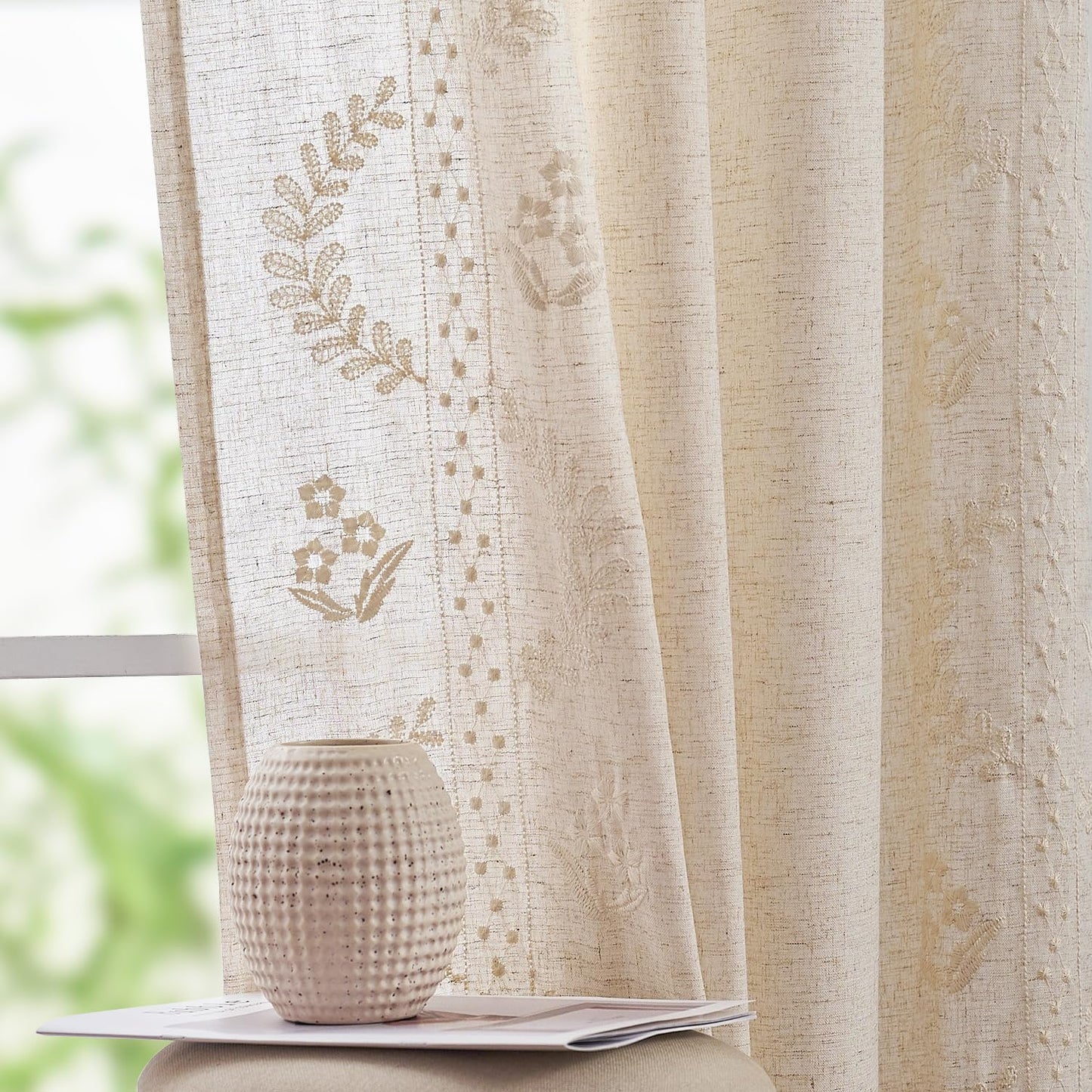 JINCHAN Linen Curtains for Bedroom Floral Curtains 84 Inch Length Linen Blend Ivory Embroidered Drapes Farmhouse Flower Patterned Drapes for Living Room Window Treatments Set 2 Panels