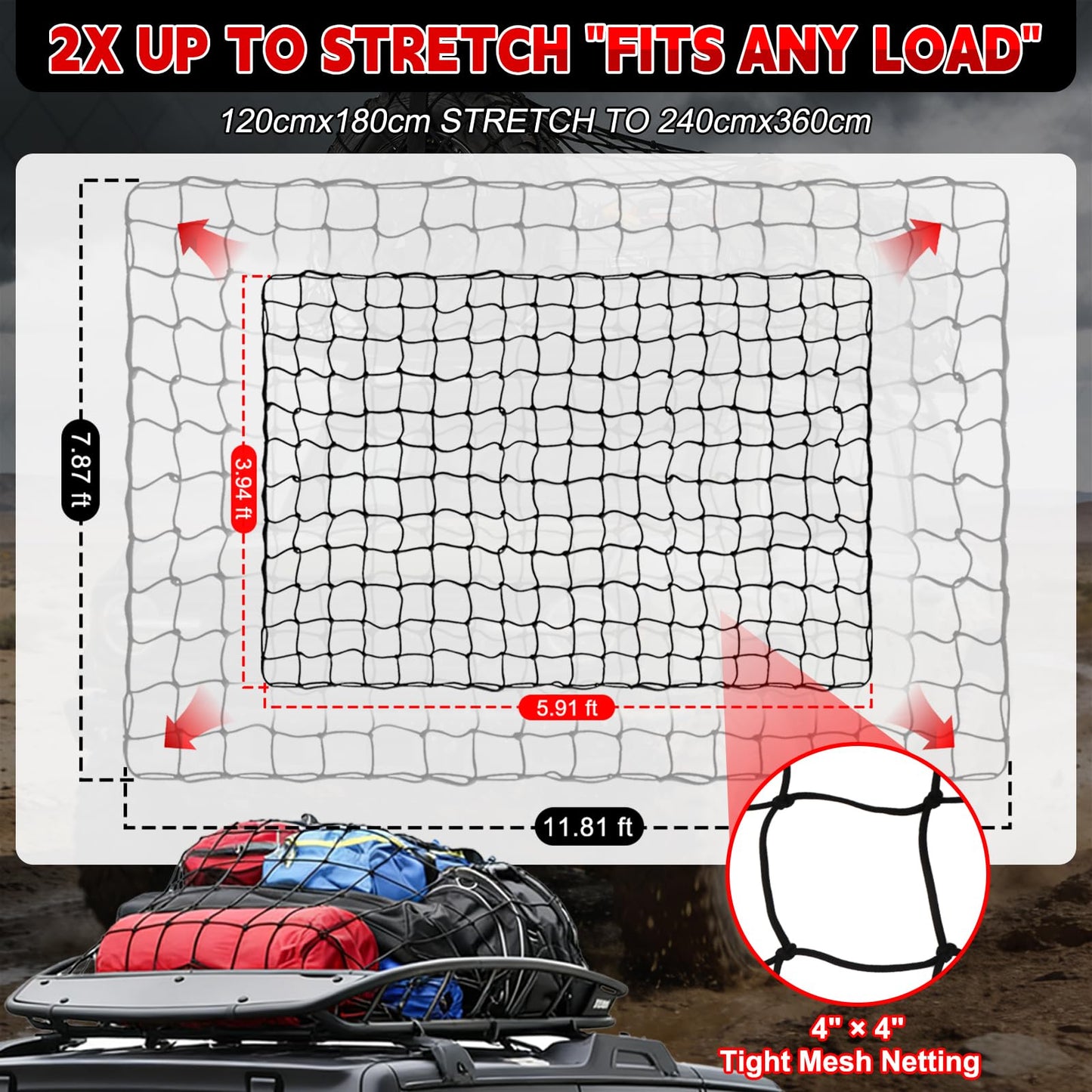 Cargo Net for Truck Bed, Heavy Duty Stretchable Bungee Cargo Net 4x6 ft to 8x12 ft, 5mm Latex-Core Cord, 4"x4" Mesh, 32 Hooks, 2 Extra Bungee Cords, Storage Bag for Pickup Truck SUV Trailer UTV Boat