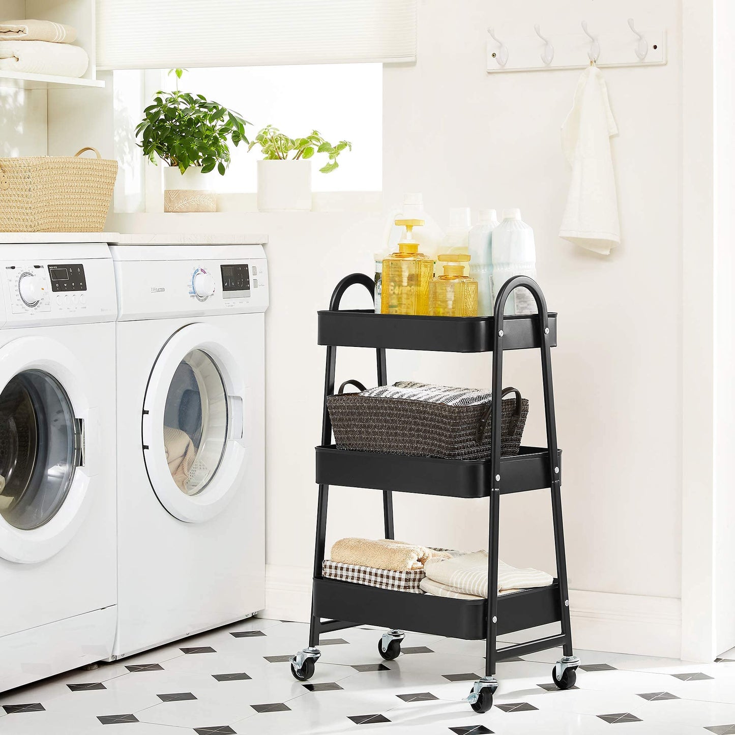 SONGMICS 3-Tier Utility Rolling Cart, Metal Storage Cart with 2 Brakes and Handles, Black UBSC068B01